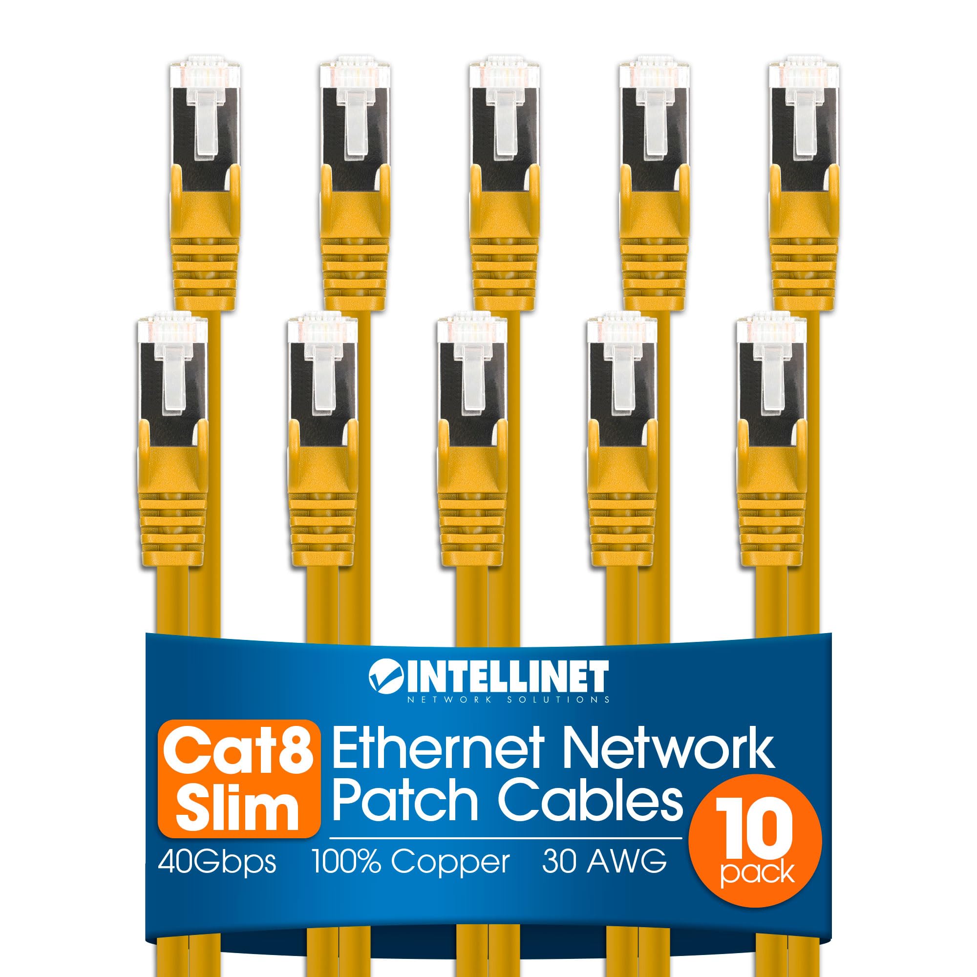 Cat8.1 U/Ftp Slim Network Patch Cable, 5 Ft., Yellow, 10-Pack