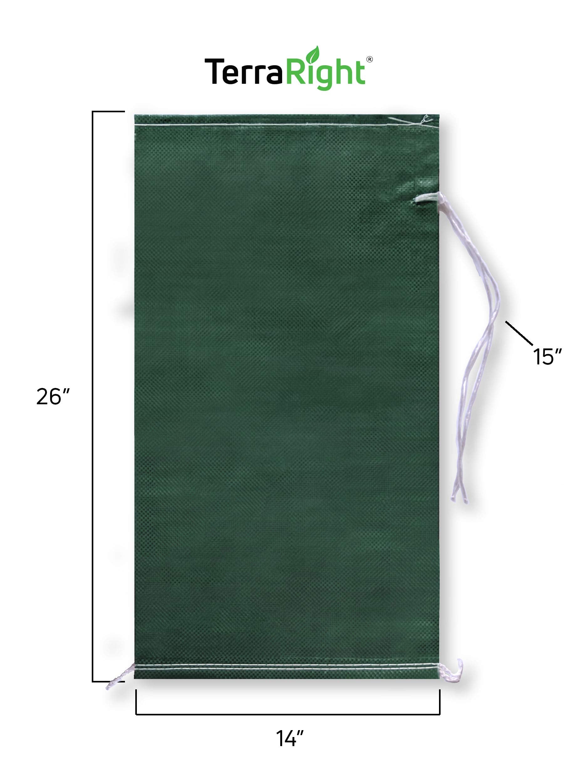 Terraright Sandbags   Extra Durable Empty Green Woven Polypropylene Sand Bags W/Ties, Max. Uv Protection, 14'' X 26'' (50 Count)