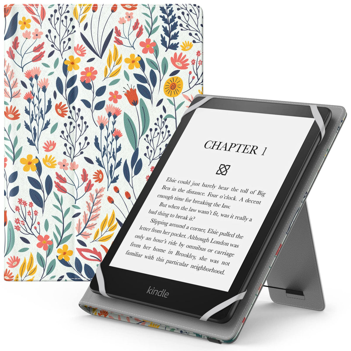 Moko Universal Case for 6',6.8',7' eReaders Tablet, Lightweight PU Leather Case with Hand Strap & Kickstand for 6 7 Inch Kobo/Voyaga/Lenovo/Sony/Tolino E Book Tablet, Flowers