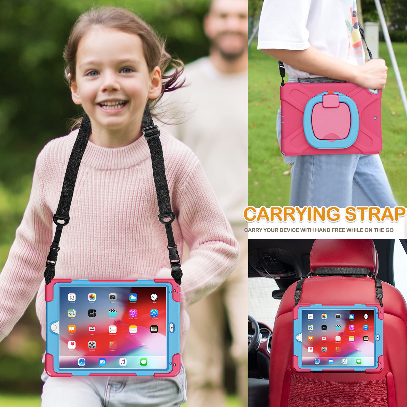 Braecn Case For Ipad 6Th/5Th Generation W/Pencil Holder, 360 Degree Multi Function Grip, Stable Kickstand, Carrying Strap, 3 Lay