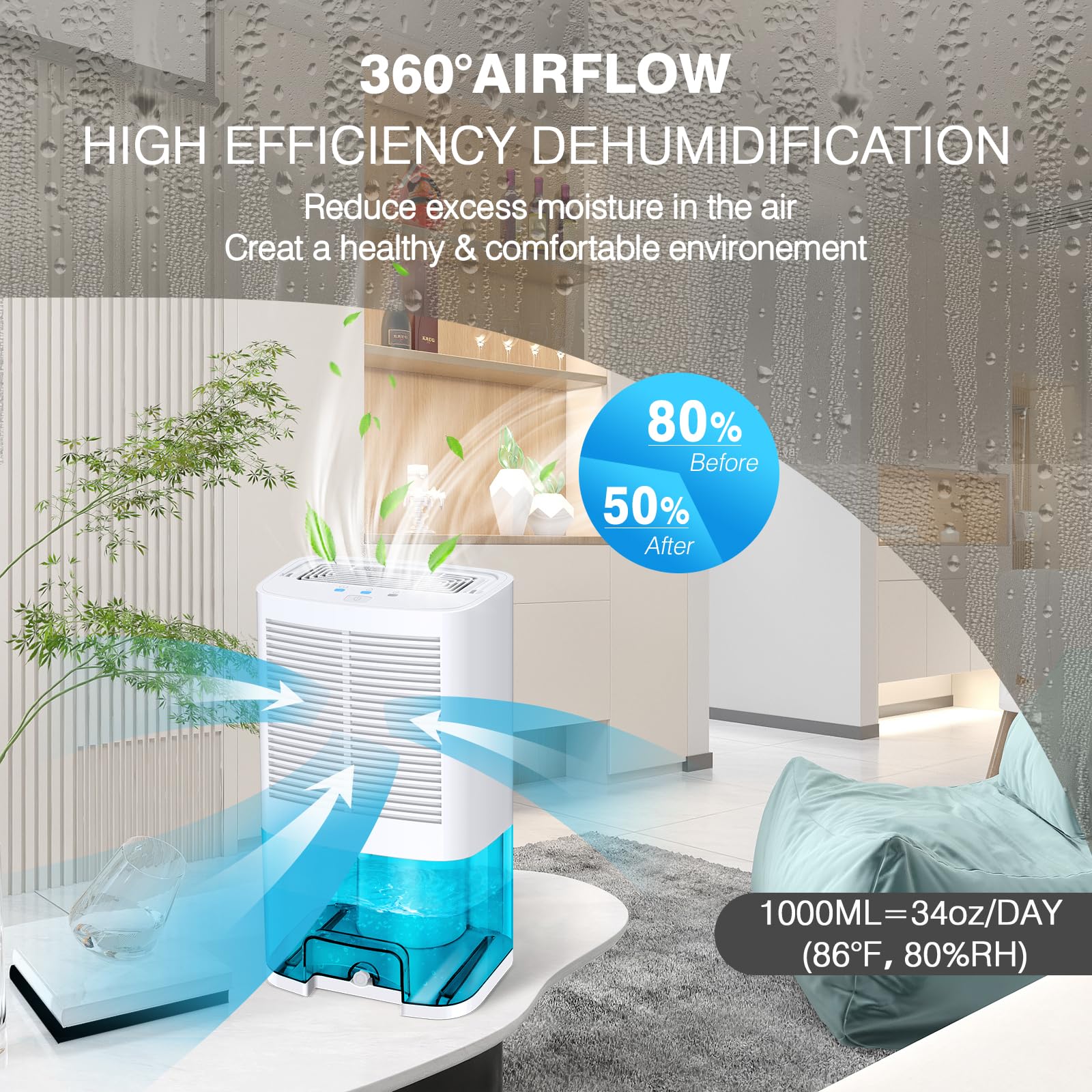 Levoair Dehumidifier 68Oz(2000Ml) Small Dehumidifier With Drain Hose For Up To 650 Sq.Ft Ultra Quiet Mini Portable Air Dehumidif