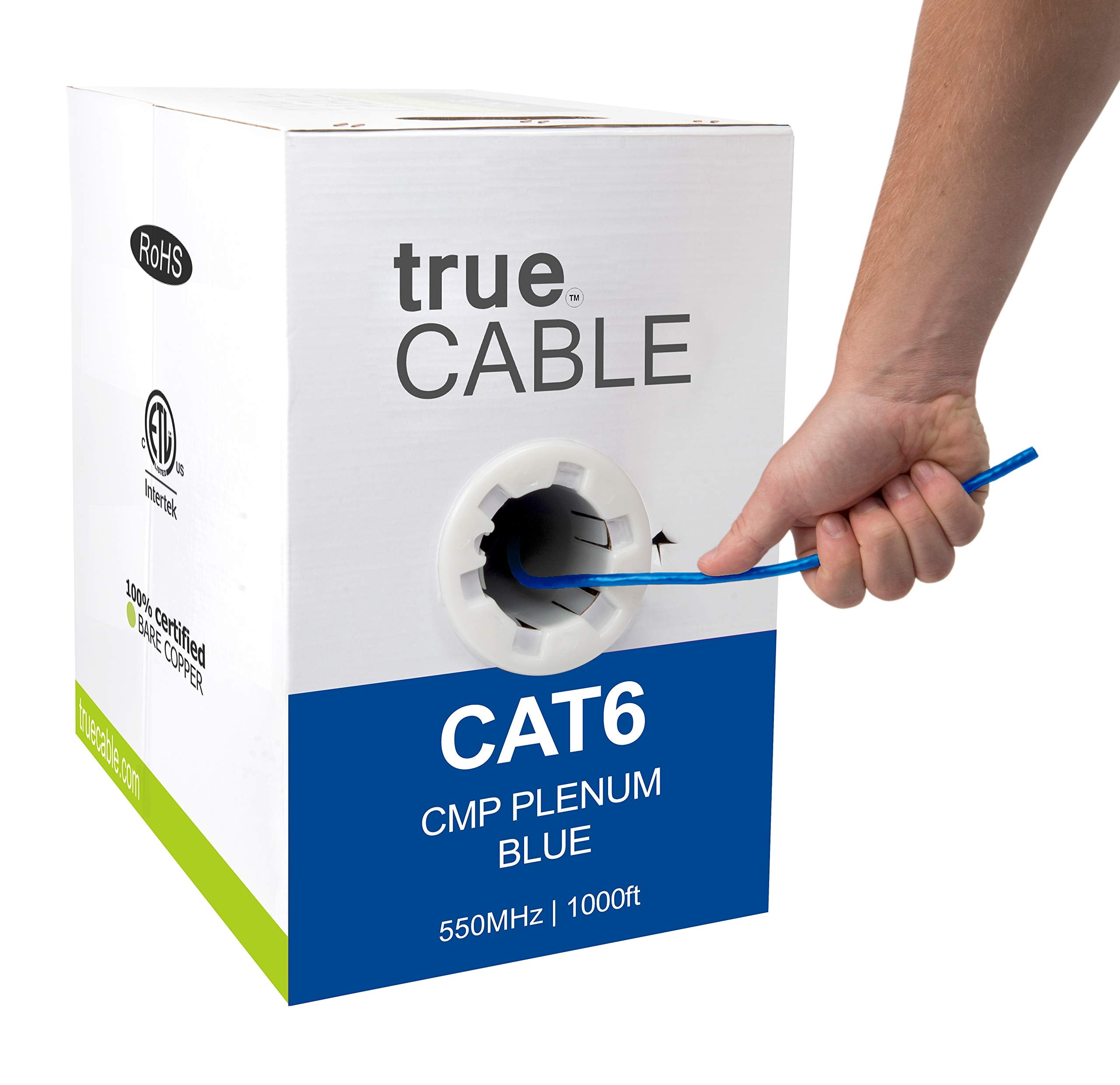 trueCABLE Cat6 Plenum (CMP), 1000ft, White, 23AWG 4 Pair Solid Bare Copper, 550MHz, PoE++ (4PPoE), ETL Listed, Unshielded Twiste