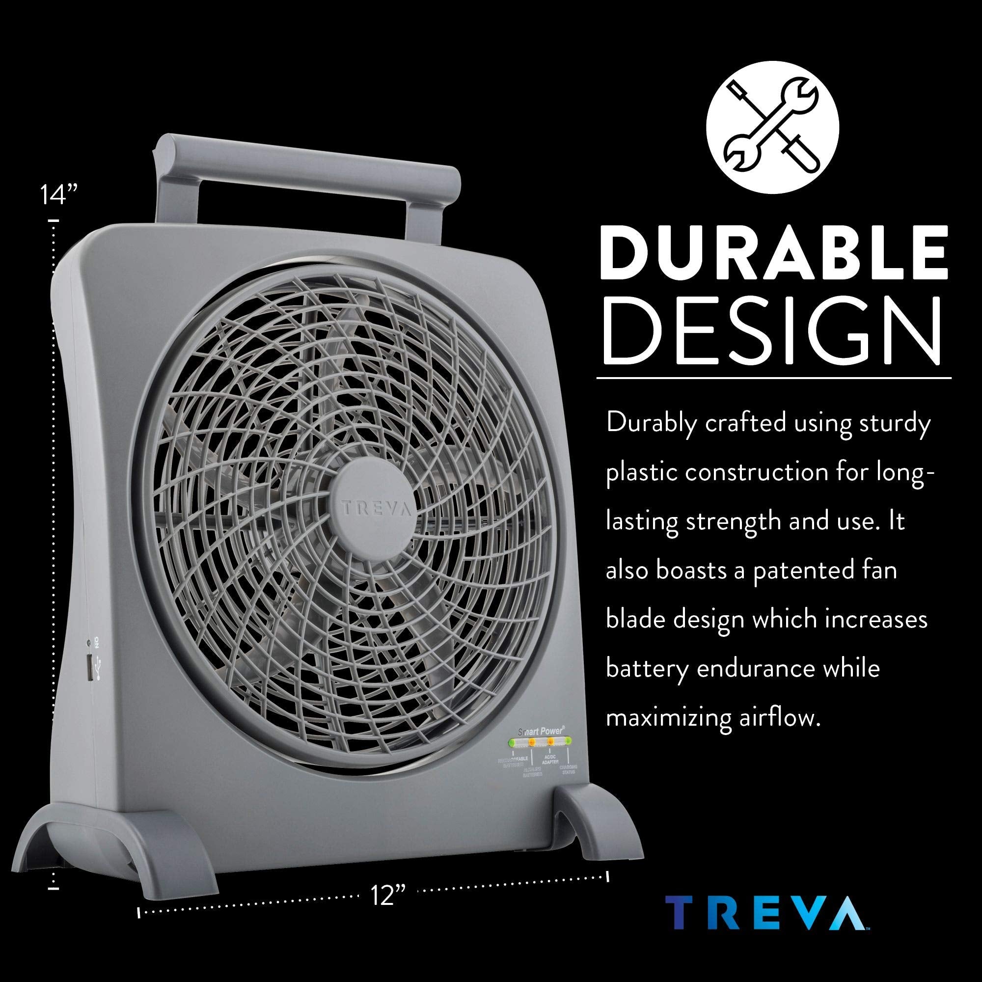 Treva 10 Inch Rechargeable Portable Fan Smart Power Air Circulator. Plug In Ac Adapter And Battery Powered, Usb Charging Port, F