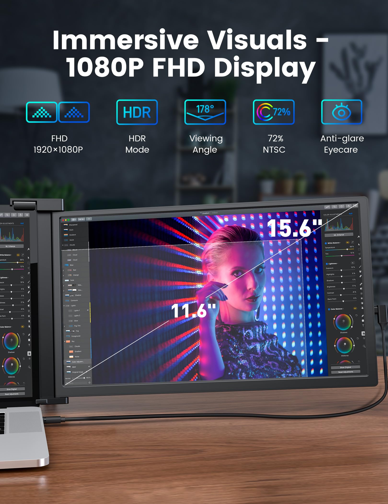 Fopo 15.6'' Triple Monitor For Laptop, Fhd 1080P Ips Portable Monitor For 15.6 19    Laptop, Plug And Play Travel Laptop Screen