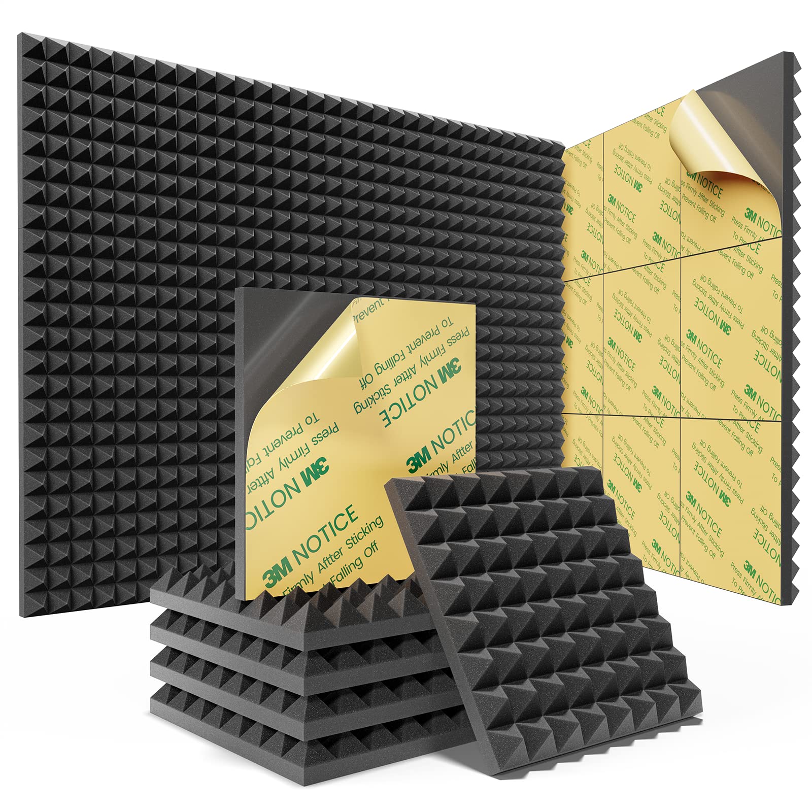 Sonicism 12 Pack Pyramid Sound Proof Foam Panels With Self Adhesive, 12'' X 12'' X 1'' Acoustic Foam Panels Of High Density, Sou