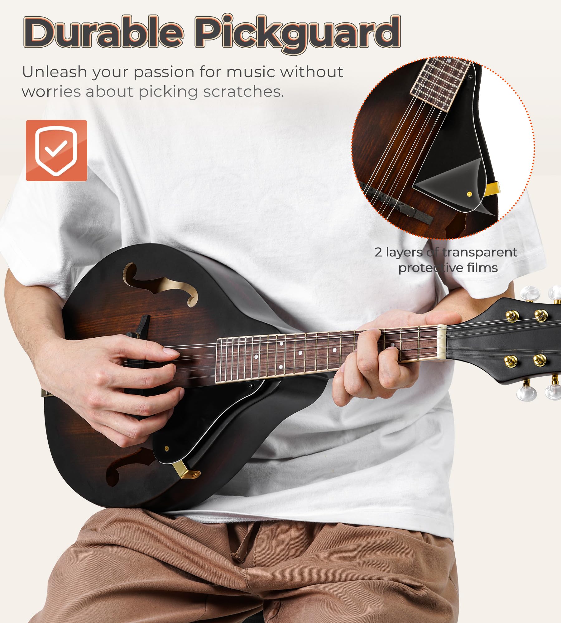 Vangoa Mandolin Instrument A Style, Acoustic Mandolin Musical Instrument Solid Spruce Top 8 String Mandolin For Beginners, Adult