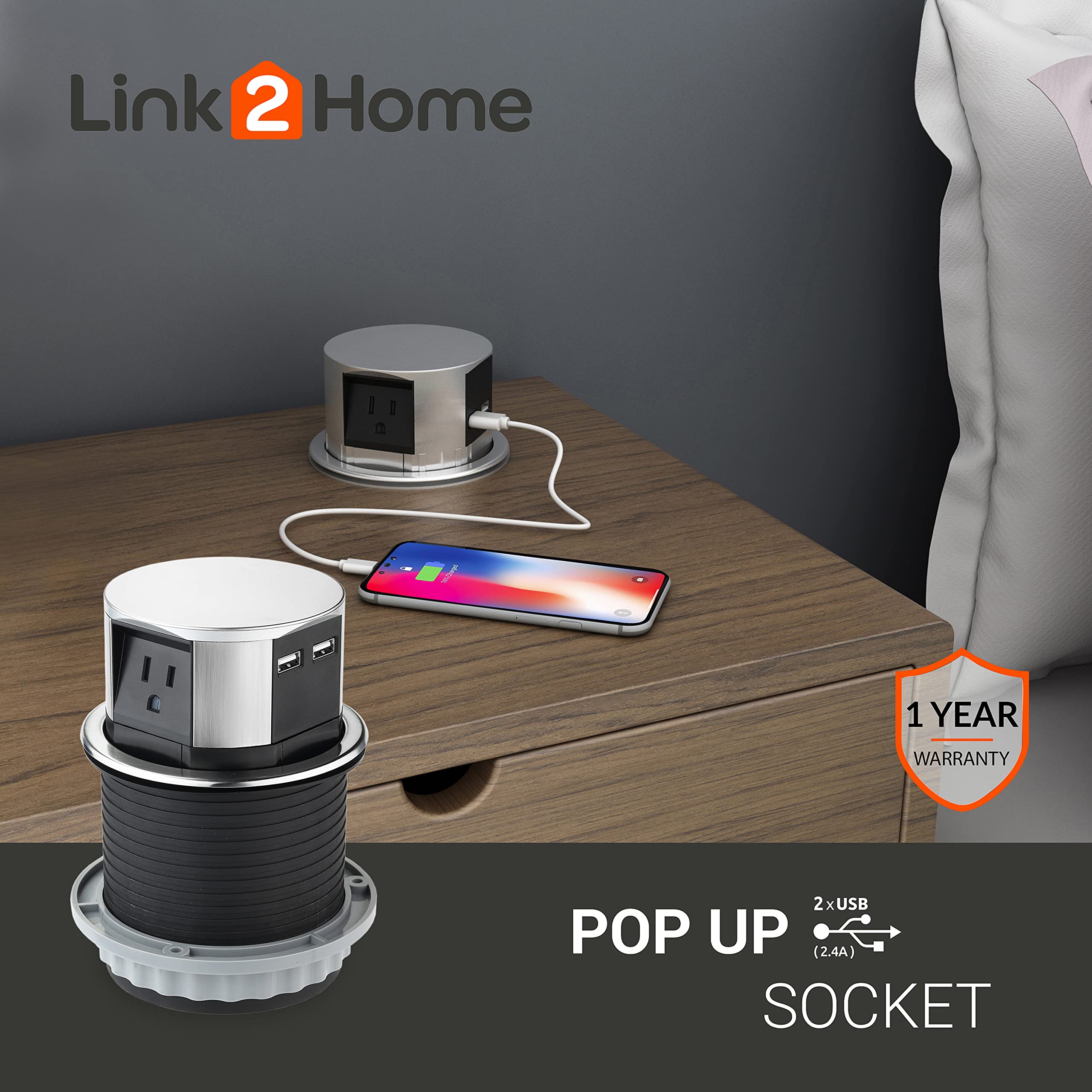 Link 2 Home Space Saver Pop Up Outlet With Usb, 3 Power Outlets 15A, 2 Usb Ports 2.4A Fast Charge, Splash Resistant, Stainless S