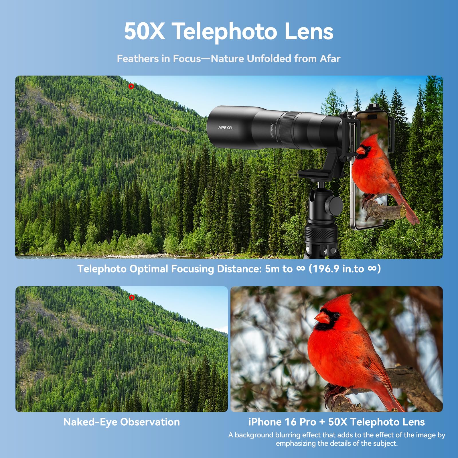 Apexel 50X High Power Hd Telephoto Lens | With Tripod & Universal Phone Clip For Iphone 16/15/14/13 Series, Samsung, Android And