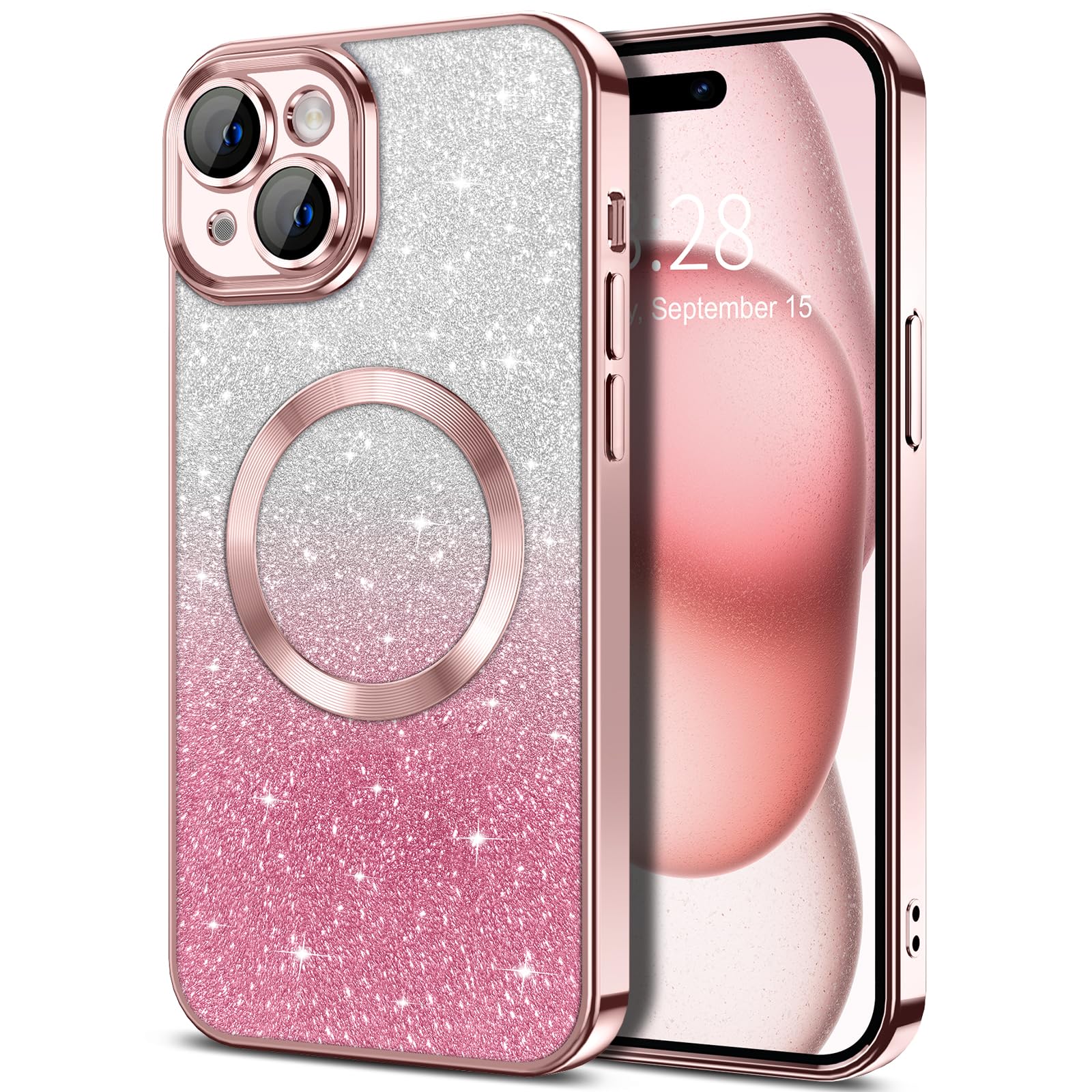 Hython For Iphone 15 Case Clear Magnetic Glitter Phone Cases [Compatible With Magsafe] Full Camera Lens Protector Slim Gradient