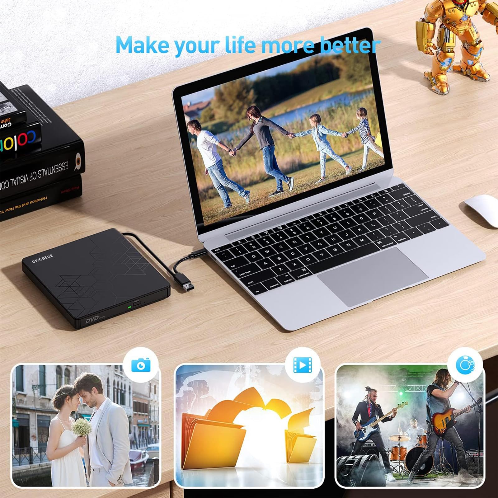 ORIGBELIE External DVD Drive USB 3.0 Type C CD/DVD ROM +/-RW, Black, Model BT668, Compatible with Mac, Windows, Linux