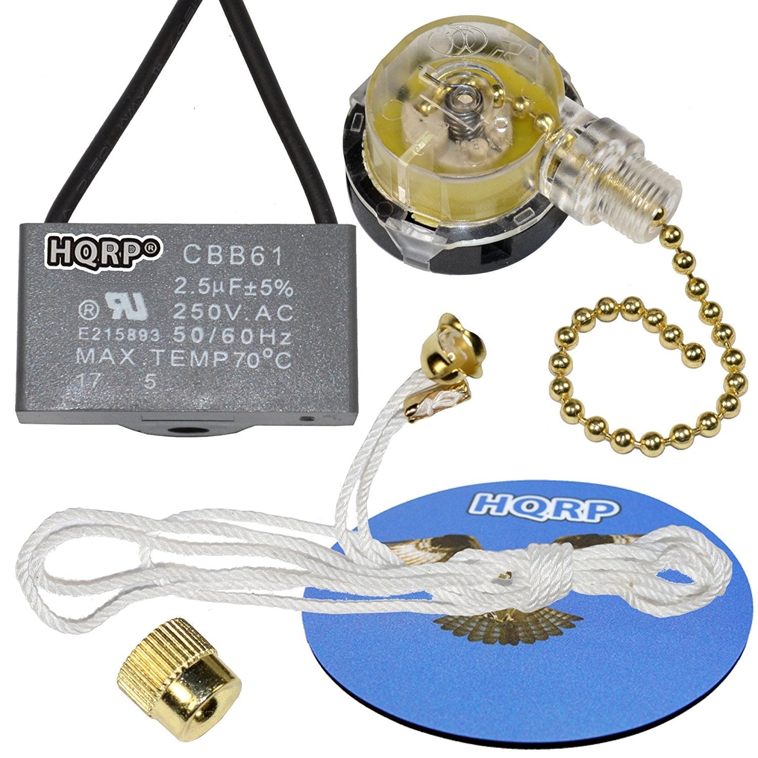 Hqrp Kit Ceiling Fan Capacitor Cbb61 2.5Uf 2 Wire Ul Listed And 3 Speed Fan Switch