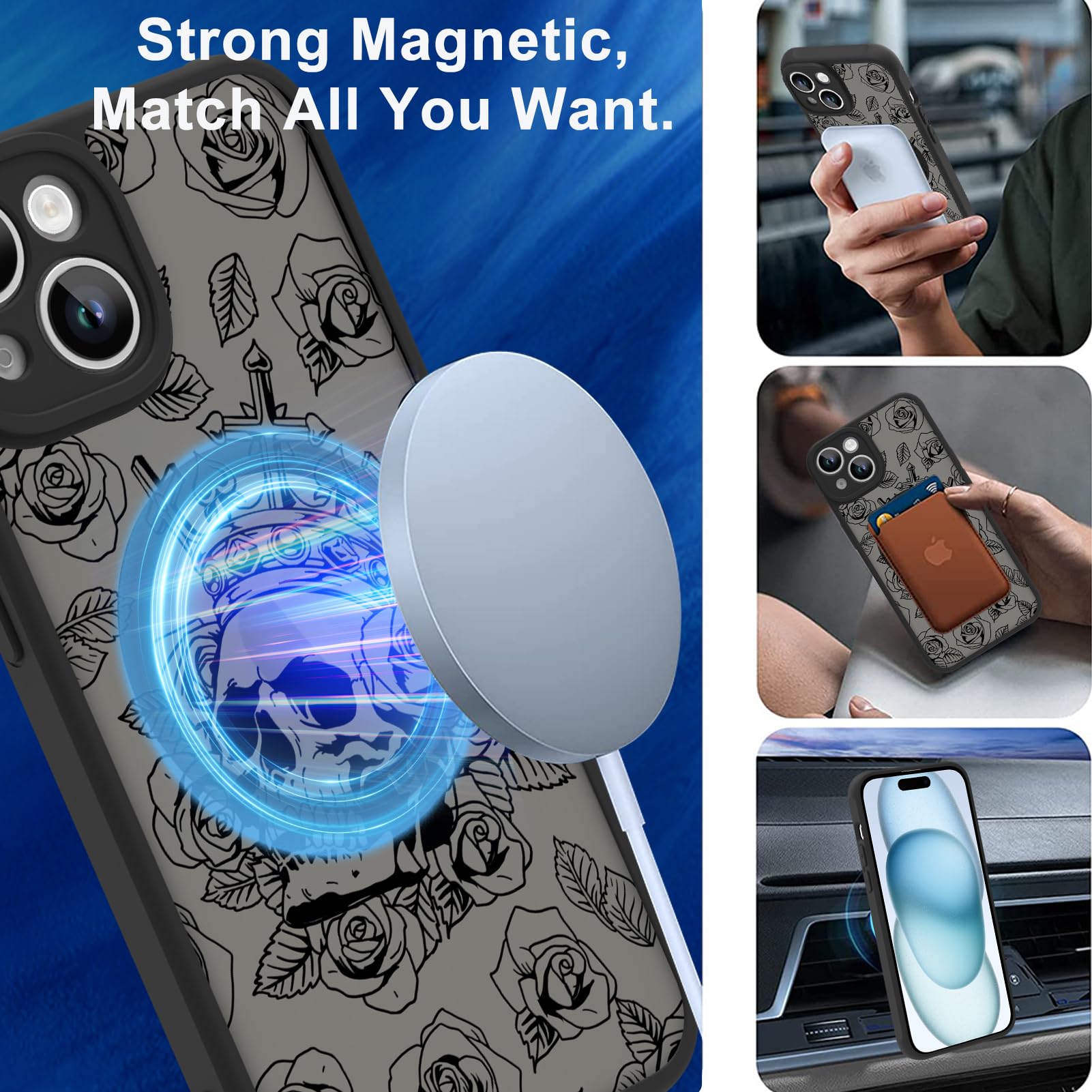 Ook Magnetic For Iphone 15 Plus Case Black Flower Skull Pattern [Compatible With Magsafe] Slim Translucent Matte Camera Lens Pro