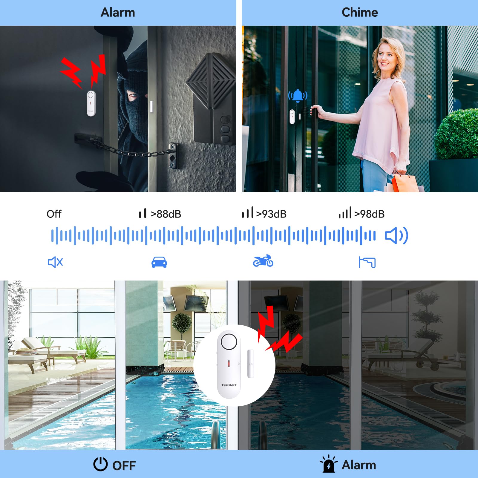 Tecknet Door Alarms For Kids Safety, Window Alarm Pool Alarms Door Alarm For Home Security, 2 In 1 Alarm & Chime, 3 Level Volume Control, Wireless Alarm For House Hotel Cars Sheds Caravans (6 Pack)