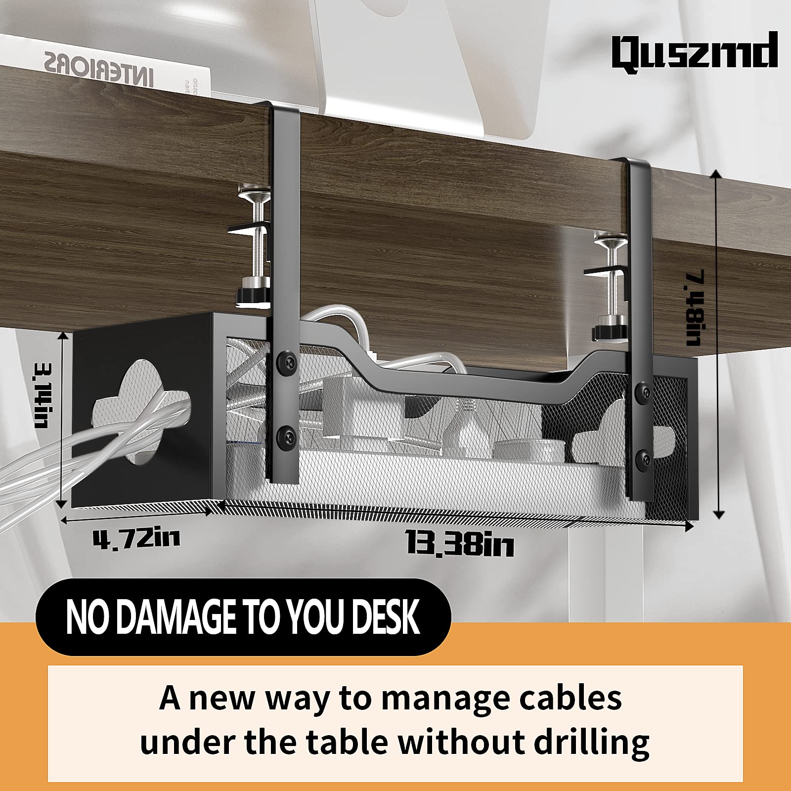 Quszmd Under Desk Cable Management Tray - Black, 13.38, Easy Install, No Damage to Desk, Cord Organizer for Standing Desks