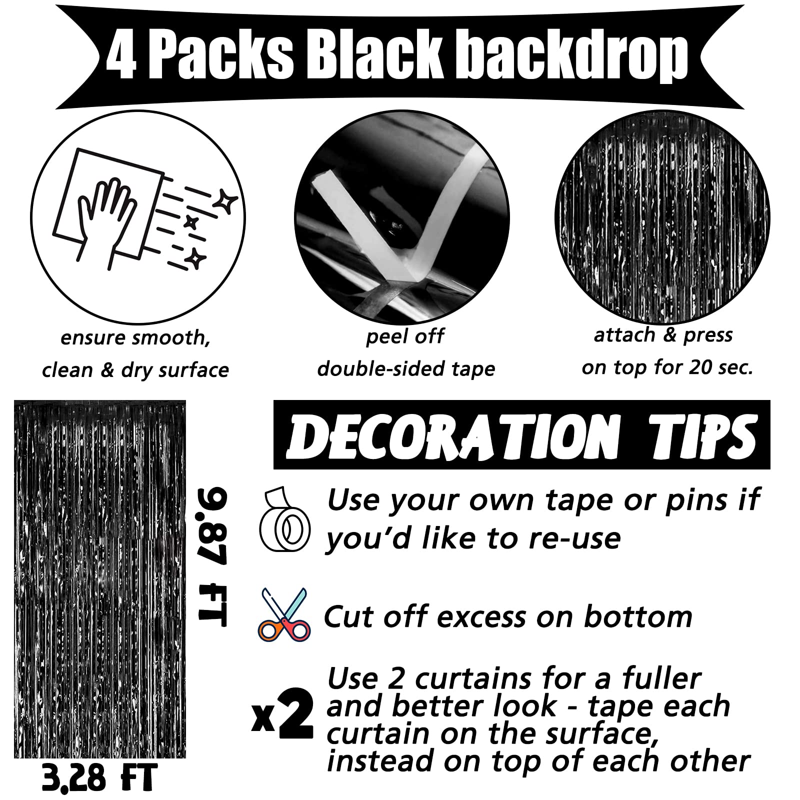 4 Pack Black Fringe Curtain Backdrop, 3.2Ft X 9.8Ft Metallic Tinsel Foil Fringe Streamers Curtains Background For Photo Booth Bi