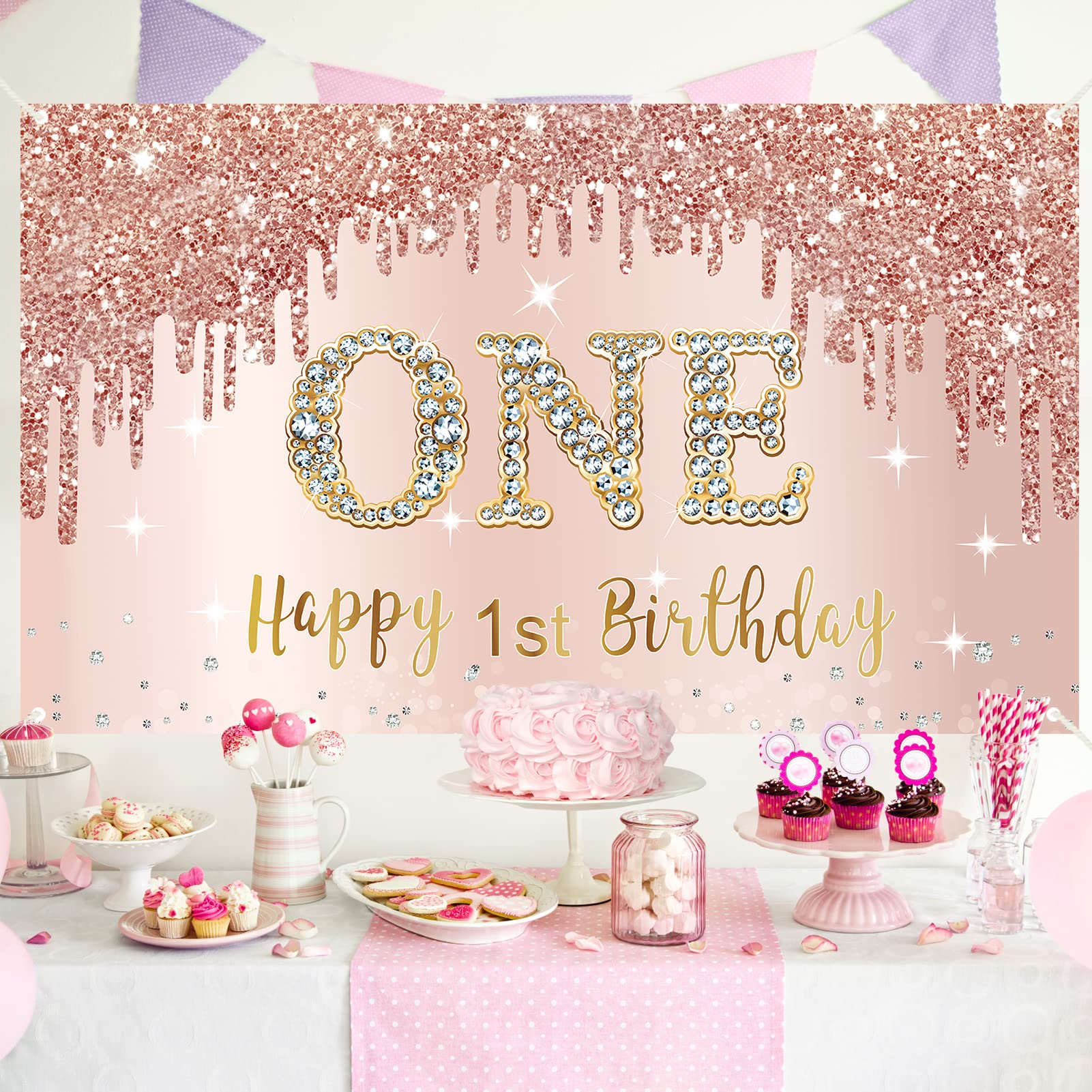 Happy 1St Birthday Banner Backdrop Decorations For Girls, Rose Gold 1 Year Old Birthday Party Sign Supplies, Pink One Birthday P