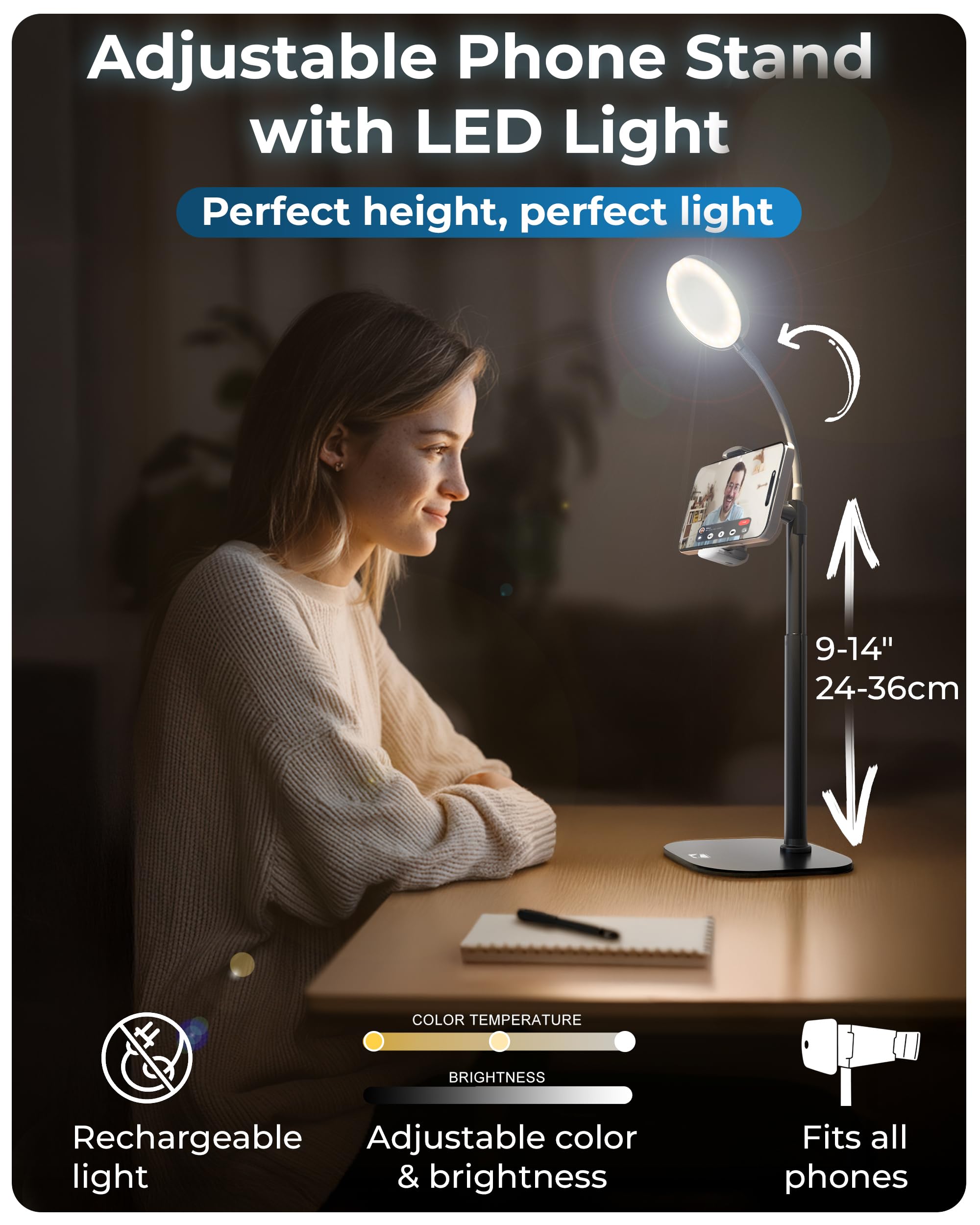 Phone Stand For Recording With Light For Desk - Chatstand Halo 9-14 Adjustable, Portable Ring Light Tripod, Iphone Stand For Des