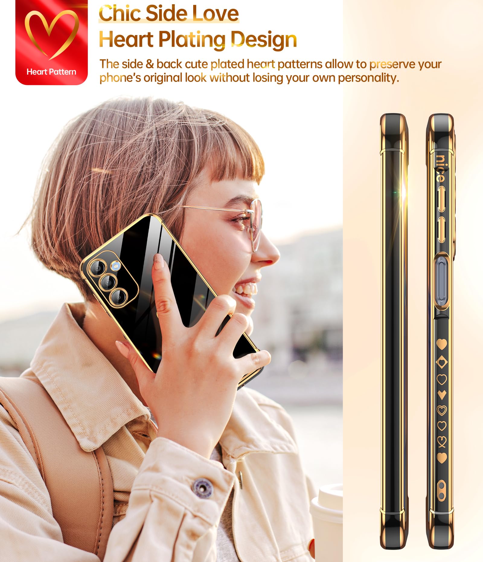 Leyi For Samsung Galaxy A16 5G Case: With Tempered Glass Screen Protector [2 Pcs]+ Full Camera Lens Protection,Love Heart Platin