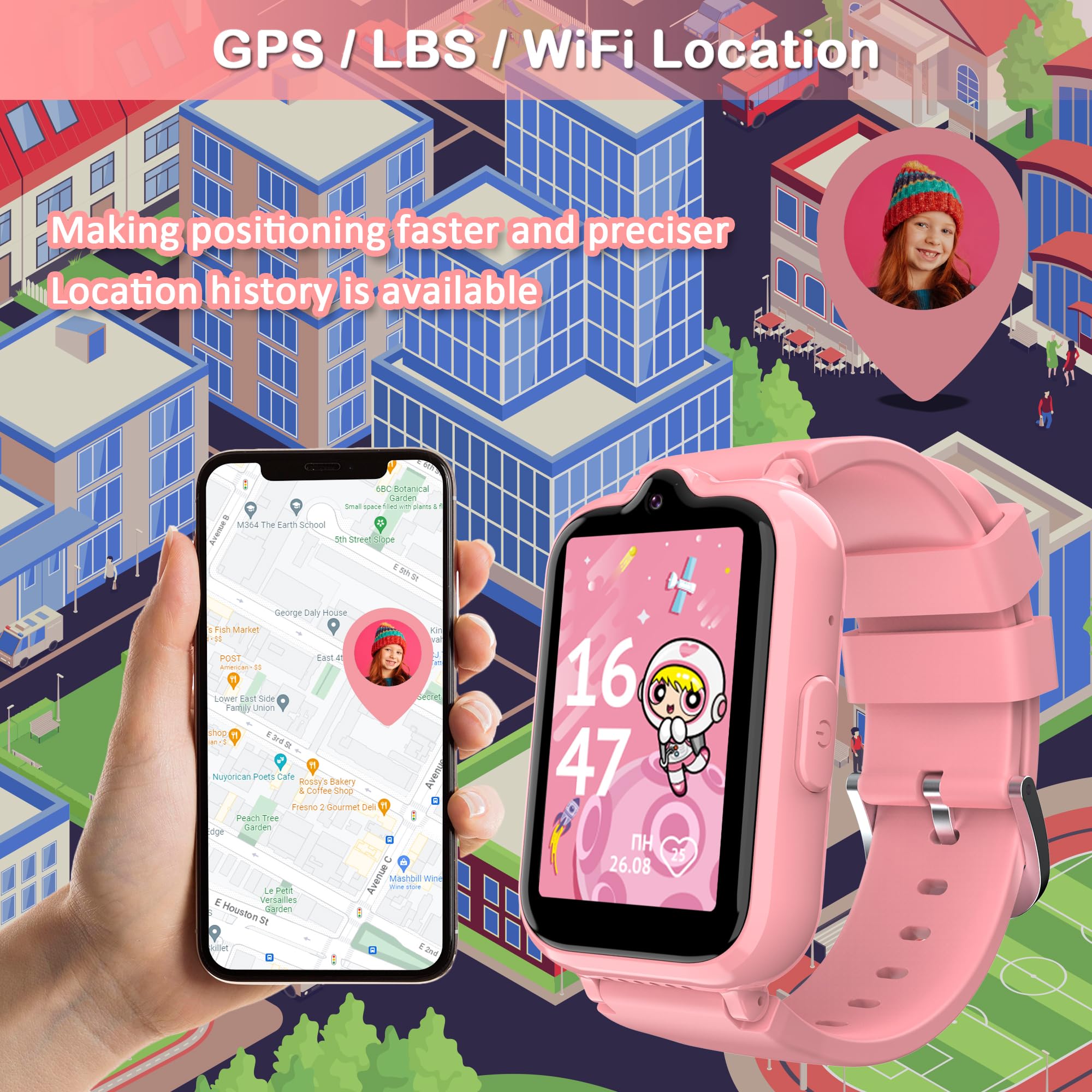 4G Kids Smart Watches Girls With Gps Tracker Phone Calling Video & Voice Chat, Wifi Touch Screen Kids Watches For Girls Ages 5 12 Sos Call Camera Alarm Clock Pedometer Birthday Gifts For Kids