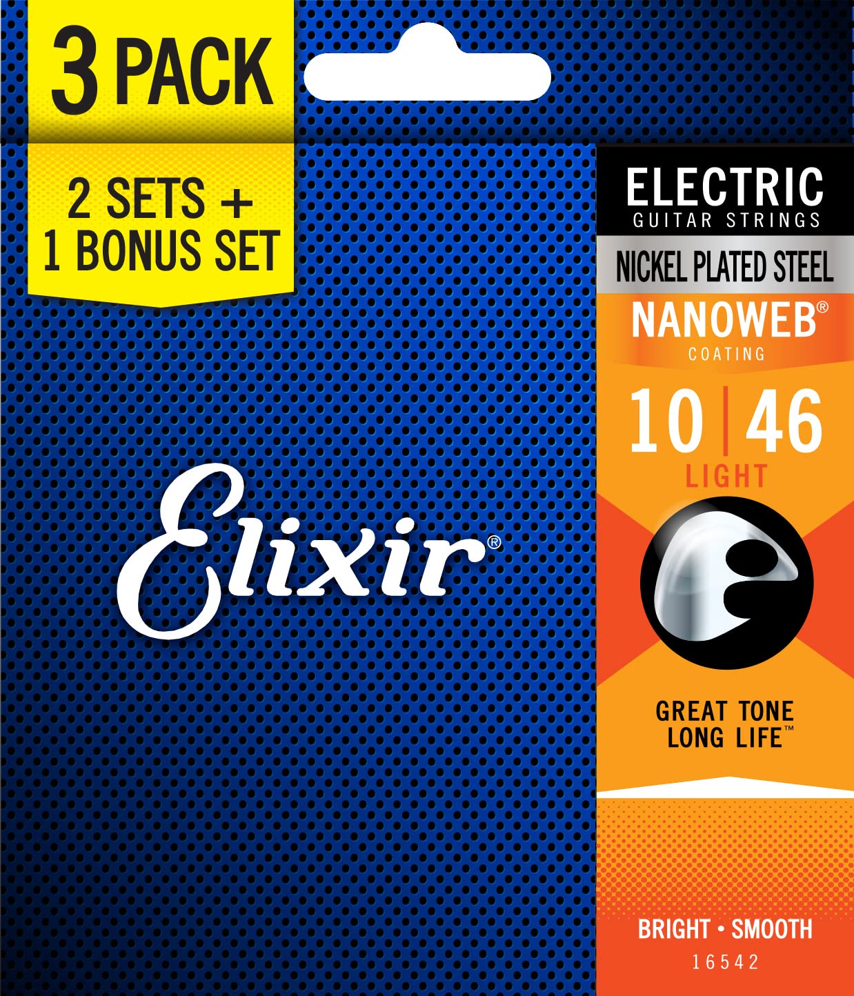 Elixir Strings 16542 Electric Guitar Strings With Nanoweb Coating, 3 Pack, Light (.010 .046)