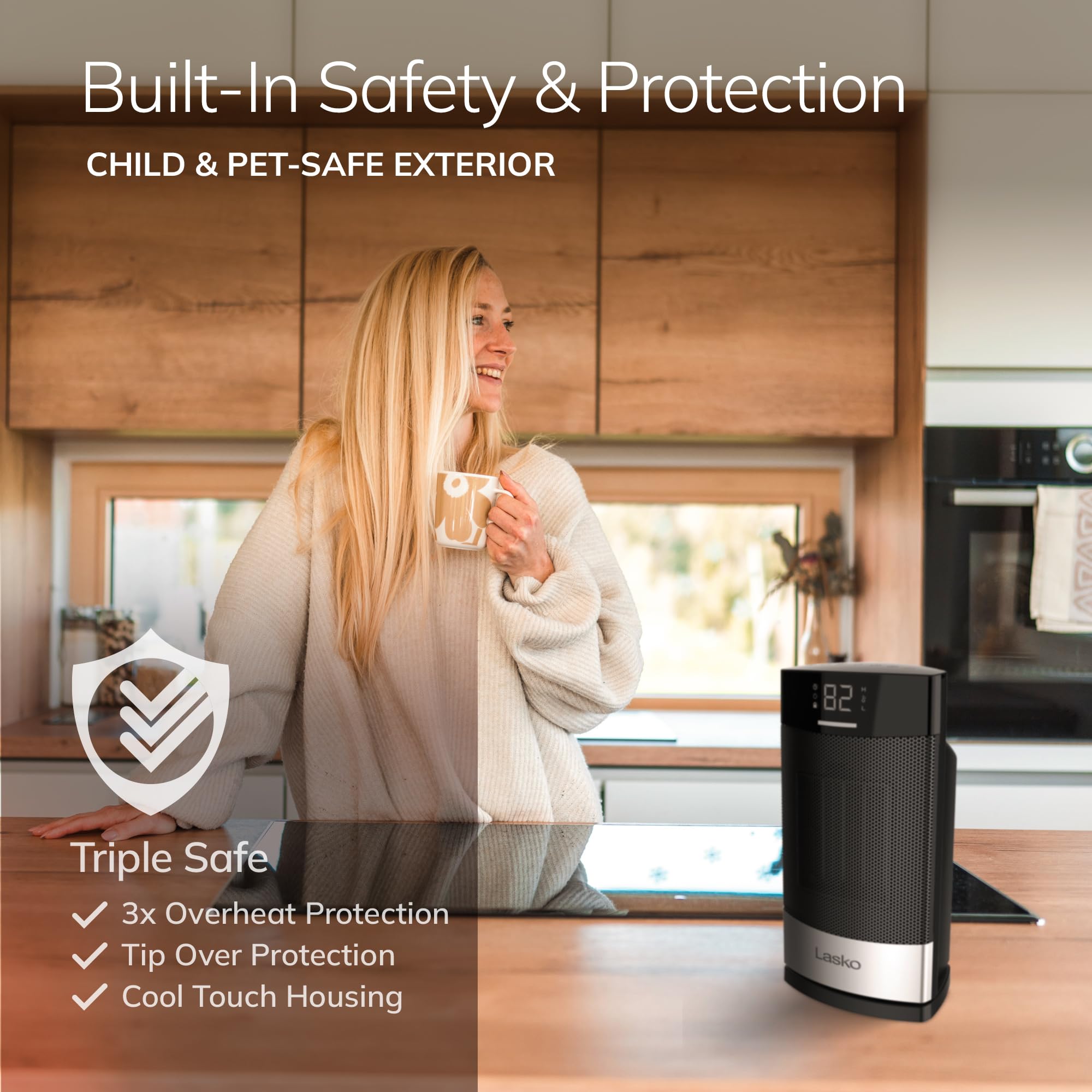 Lasko Ellipse Ceramic Tabletop Heater For Home With Tip Over Switch, Child Lock, Digital Display, Thermostat, Autoeco Mode, Wide