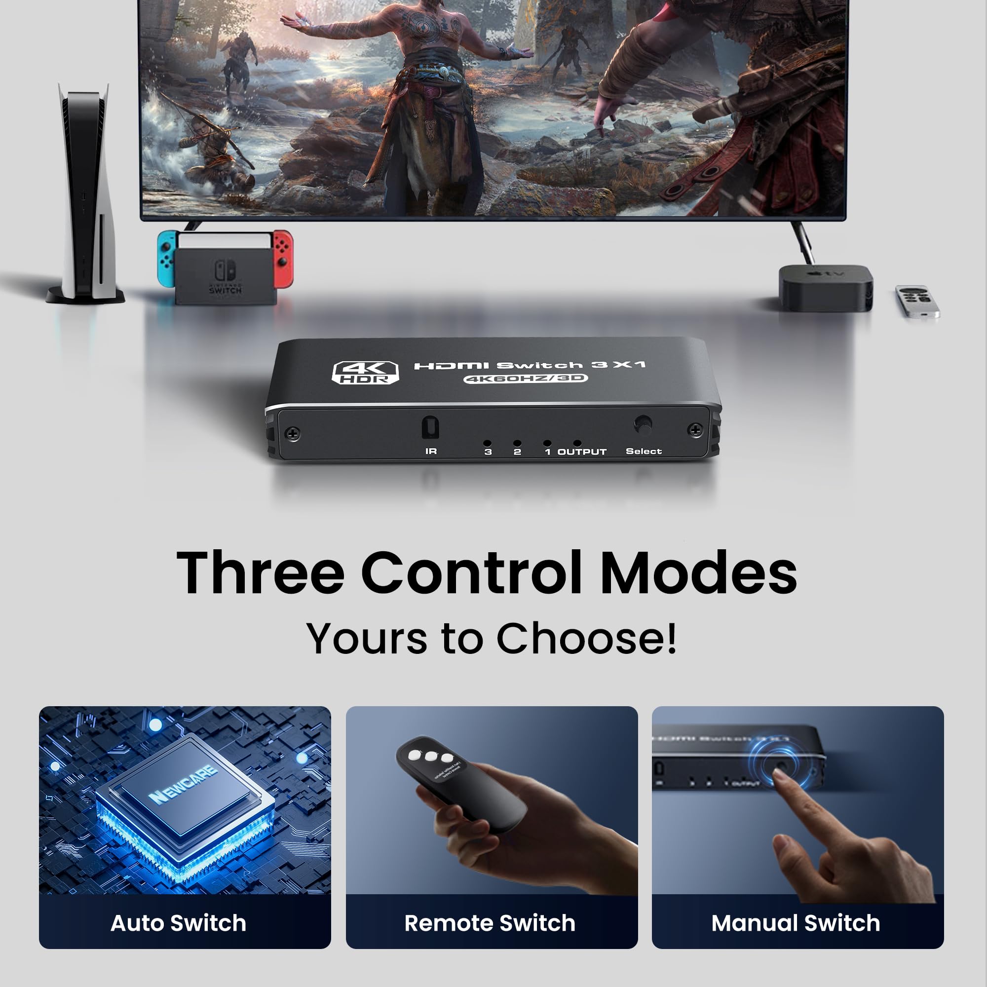Newcare Hdmi Switch 3 In 1 Out 4K@60Hz, 3 Port Aluminum Hdmi Switch Box Support Auto Switching, Vrr Allm Hdr 3D Audio, Hdmi Splitter With Remote For Ps5/4, Xbox, Pc, Streaming Device