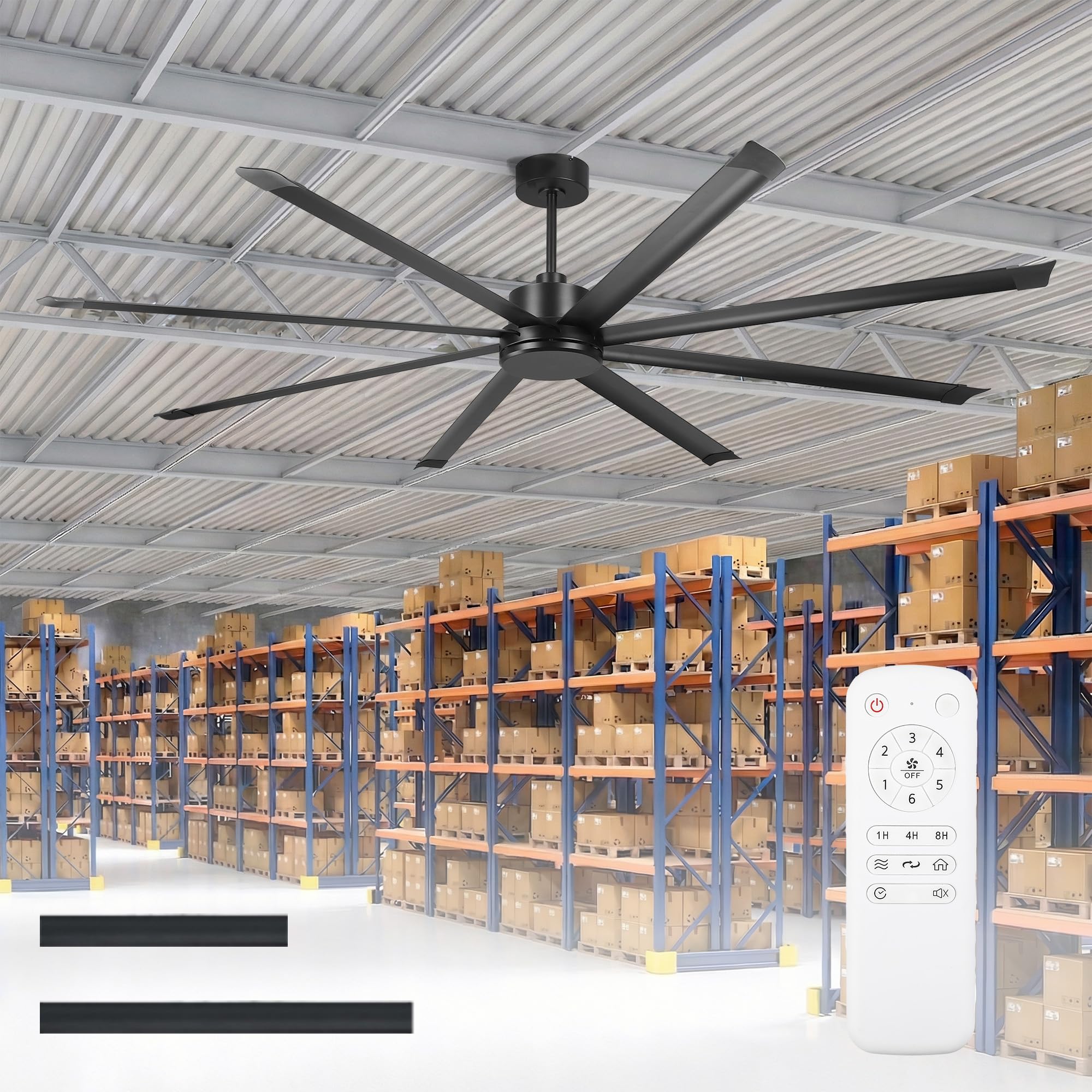 Parrot Uncle 100 Inch Large Ceiling Fan with Remote, Black Industrial DC Motor Fan No Light, 8 Aluminum Blades, 6 Speed Quiet Re