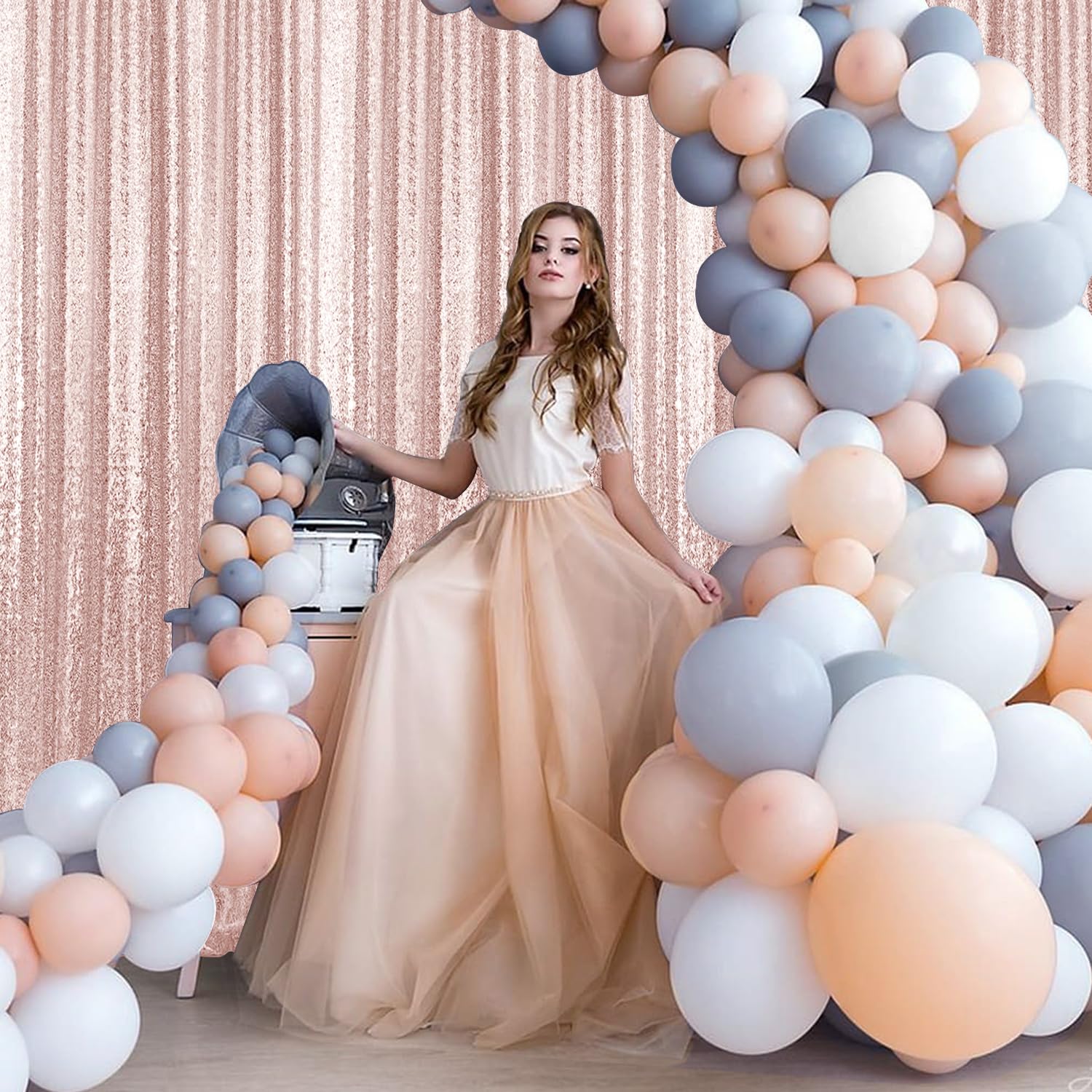 2  8Ft 2Pcs Rose Gold Sequin Backdrop Curtains Panels, Photography Backdrop Glitter Curtains Fabric Background For Christmas Wed