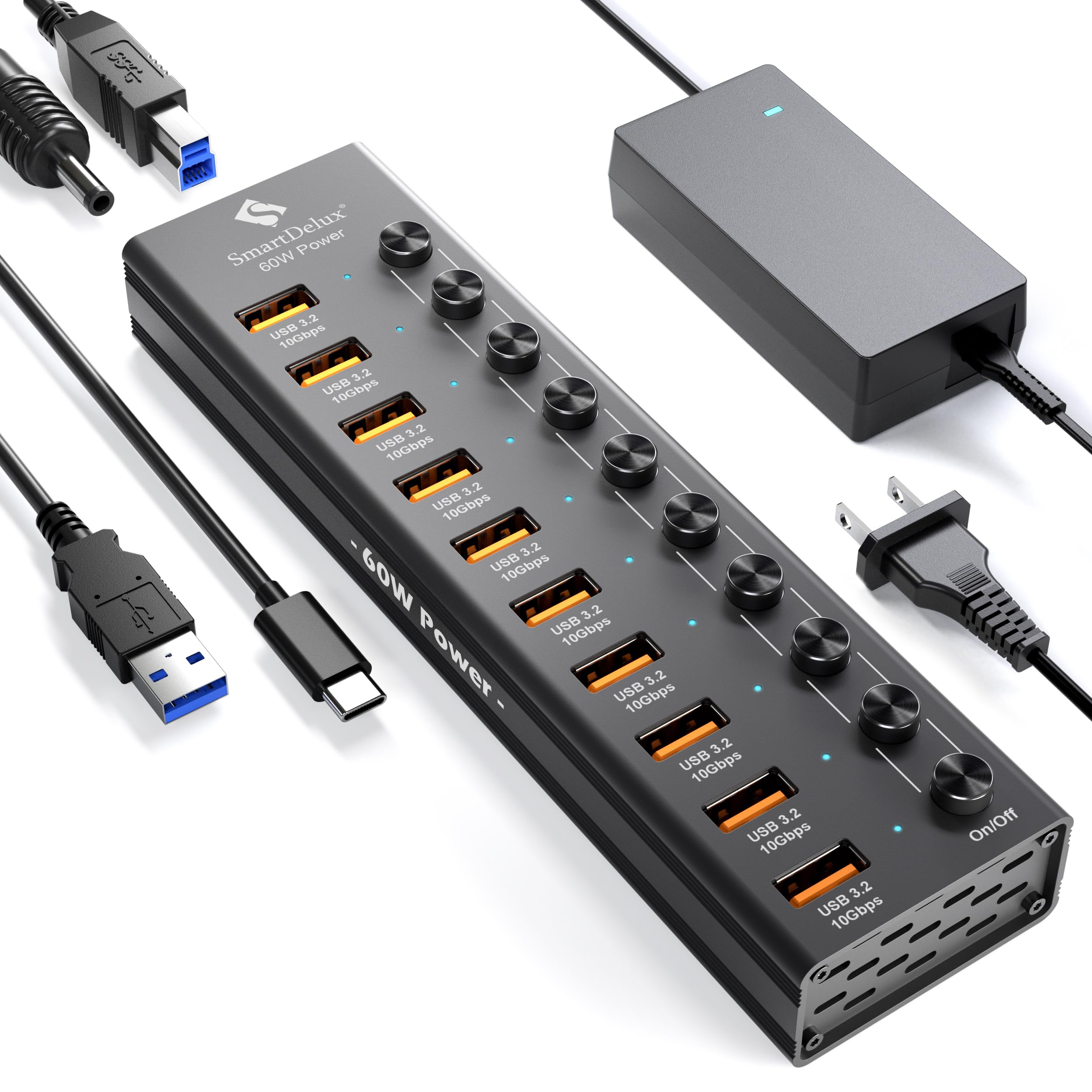 Powered Usb 3.2 To Type A, Type C Hub, Smartdelux 10Gbps 10 Port Adapter, Individual Led Switches End High Speed Data Transfer, 