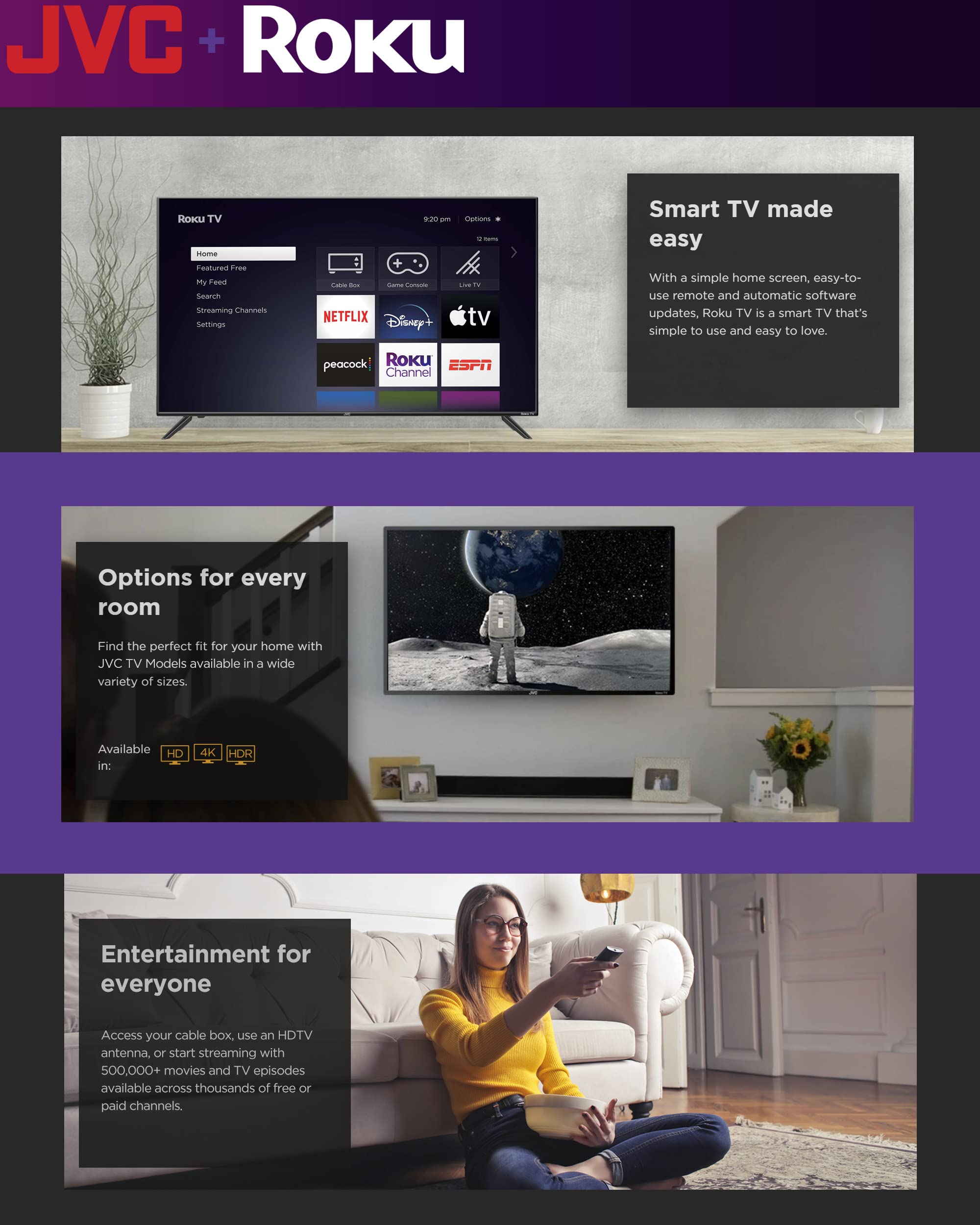 JVC 32-Inch 720p HD LED Roku Smart TV, Voice Control, Airplay, Screen Casting, 300+ Free Streaming Channels - LT32MAW2