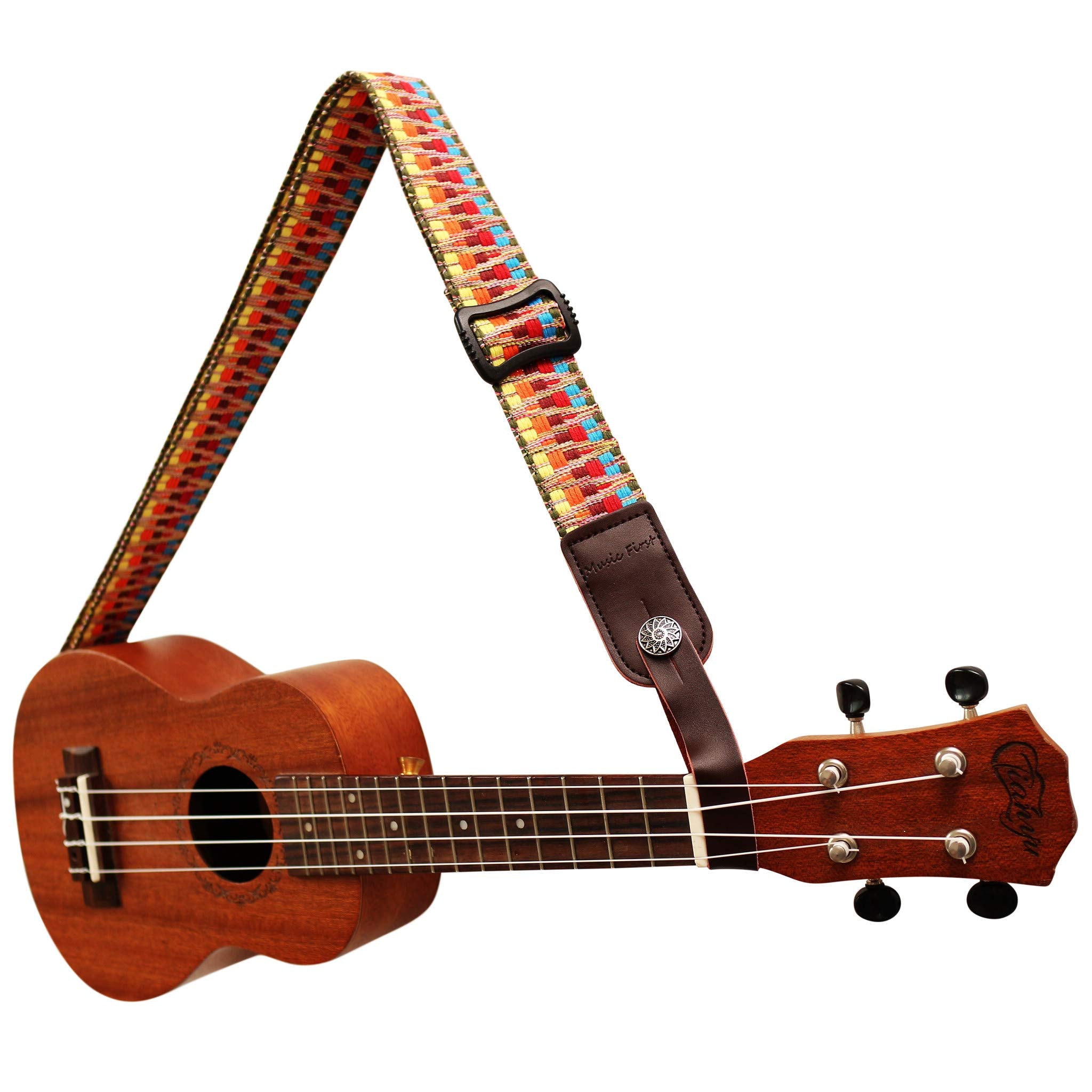 Music First Hawaii Woven Rainbow Adjustable Meshbelt & Genuine Leather Ukulele Strap Shoulder Strap Version 2.0 With A Genuine L