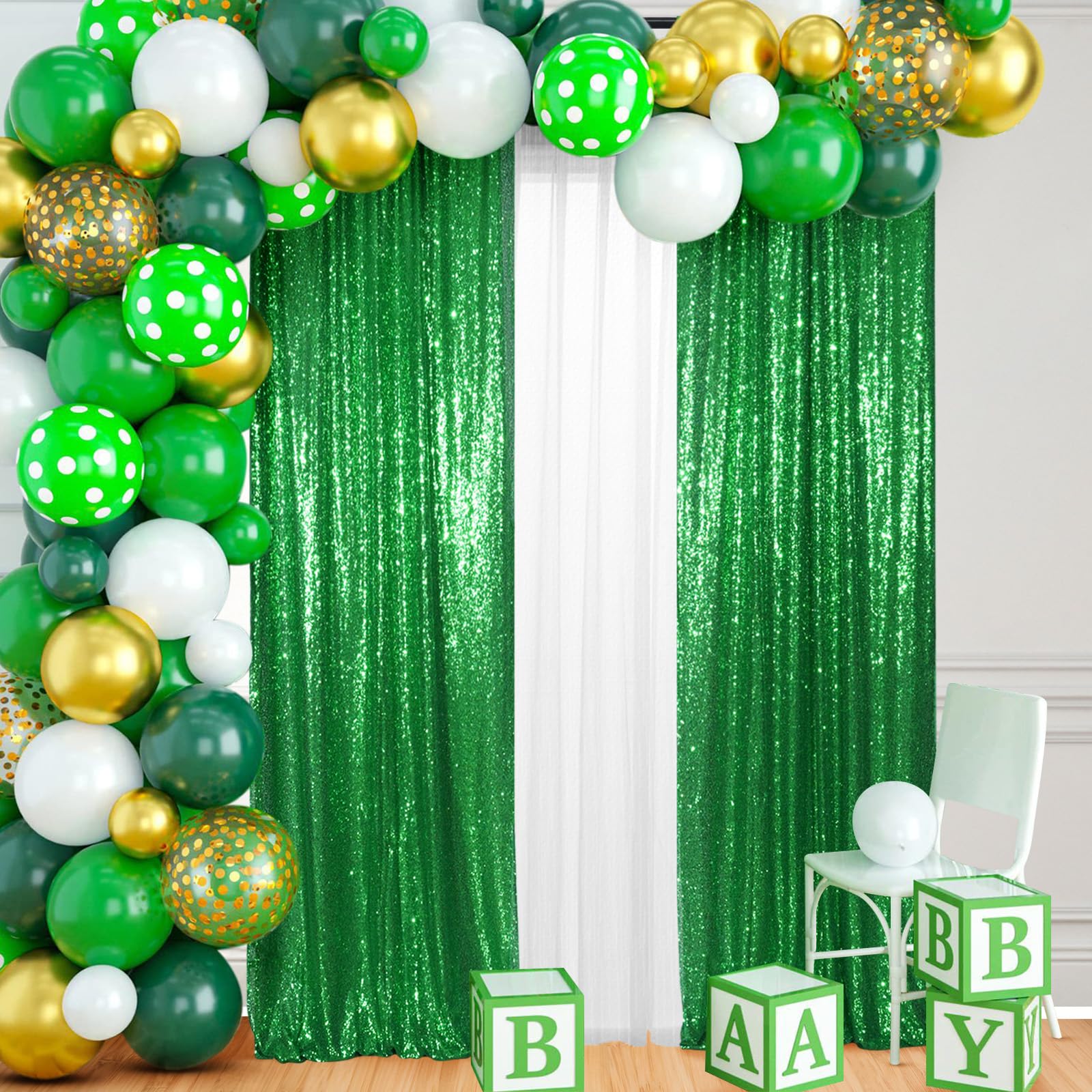 Partydelight Green 2Ft X 8Ft Sparkly Sequin Backdrop Curtains, 2 Panels, For Wedding, Party, Room Decorations