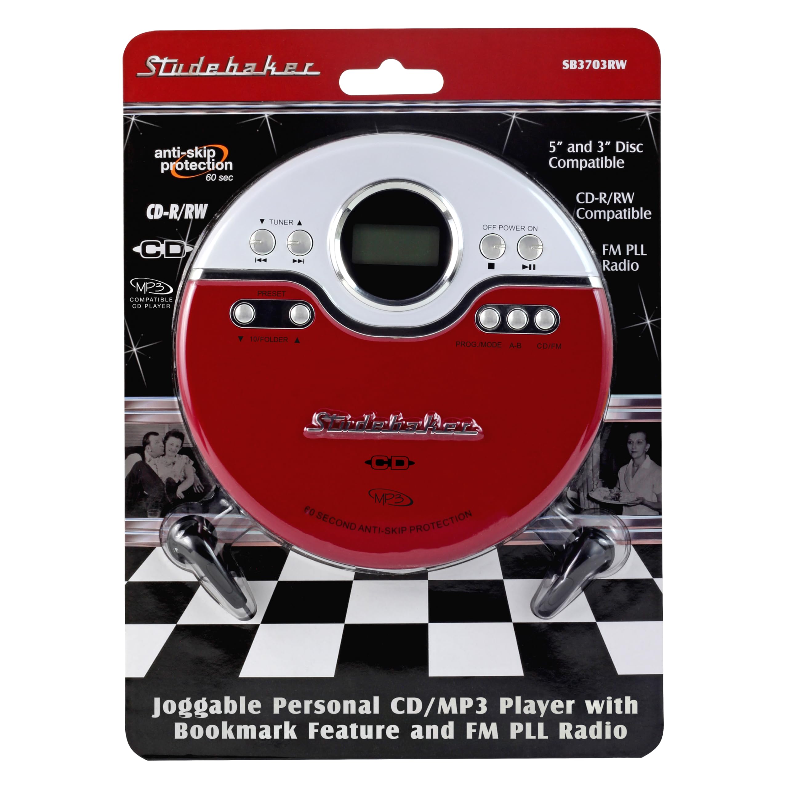 Studebaker Sb3703Rb Joggable Personal Cd/Mp3 Player With Audio Book Compatibility, Bookmark Feature And Fm Pll Radio   Red/Black