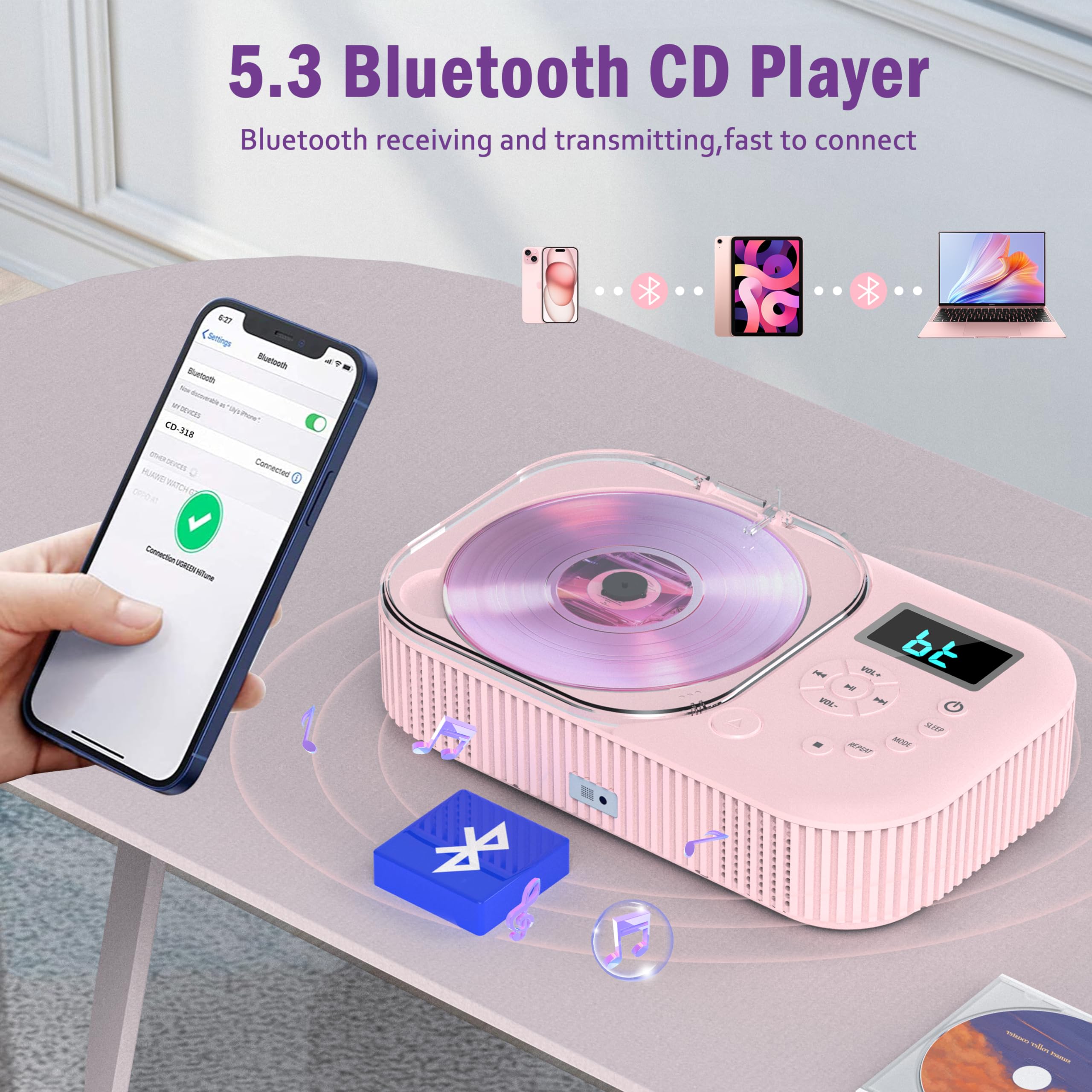 Pink Cd Player With Bluetooth 5.3 & Anti Skip, Portable Cd Player For Kids & Home, 2000Mah Rechargeable, Fm Radio/Usb/Aux, Sleep Timer & Gift Bundle � Hifi Sound & Remote Control