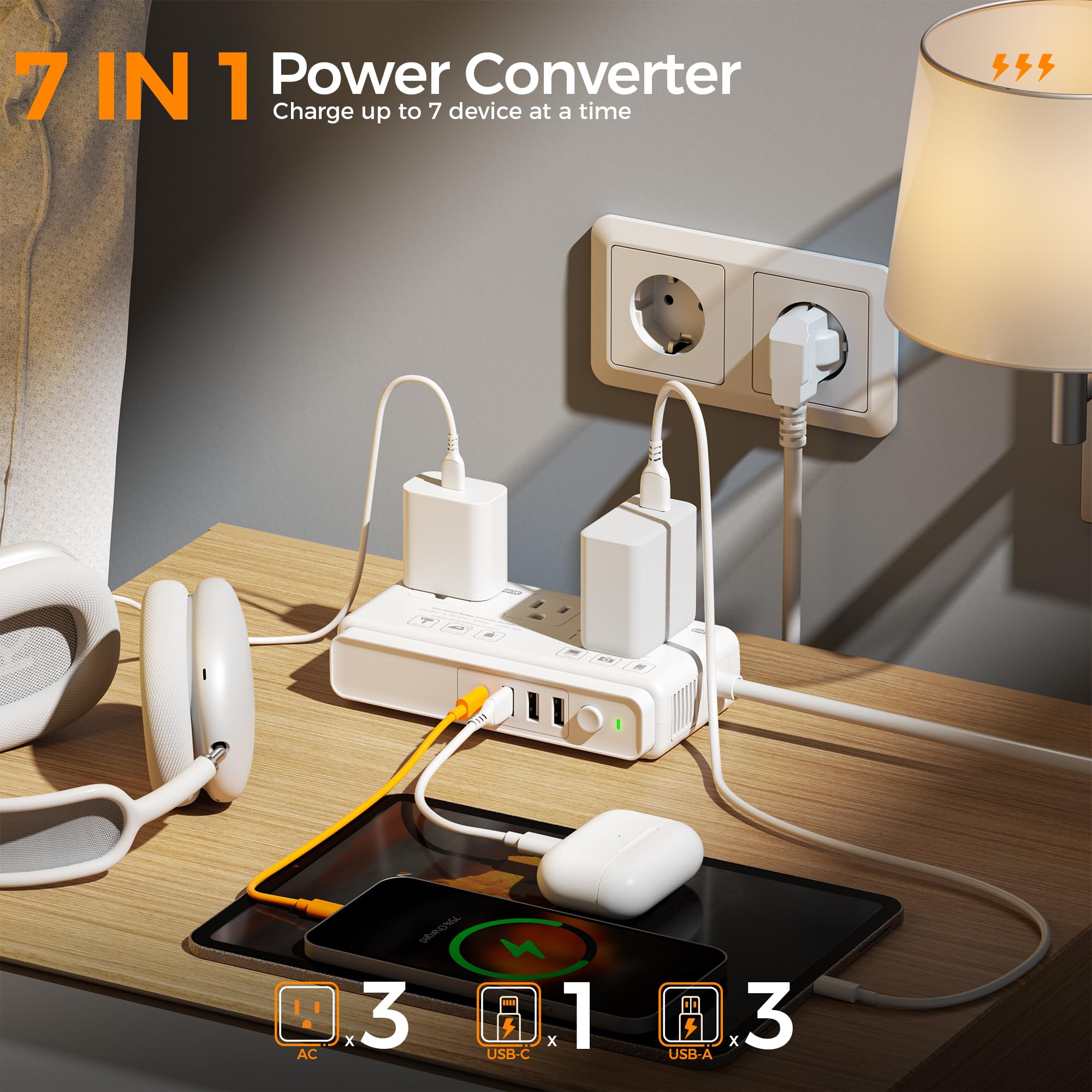 220V To 110V Voltage Converter, Tessan Universal Travel Adapter With 4 Usb Charger (1 Usb C), 3 Ac Sockets And Eu/Uk/Au/It Plug