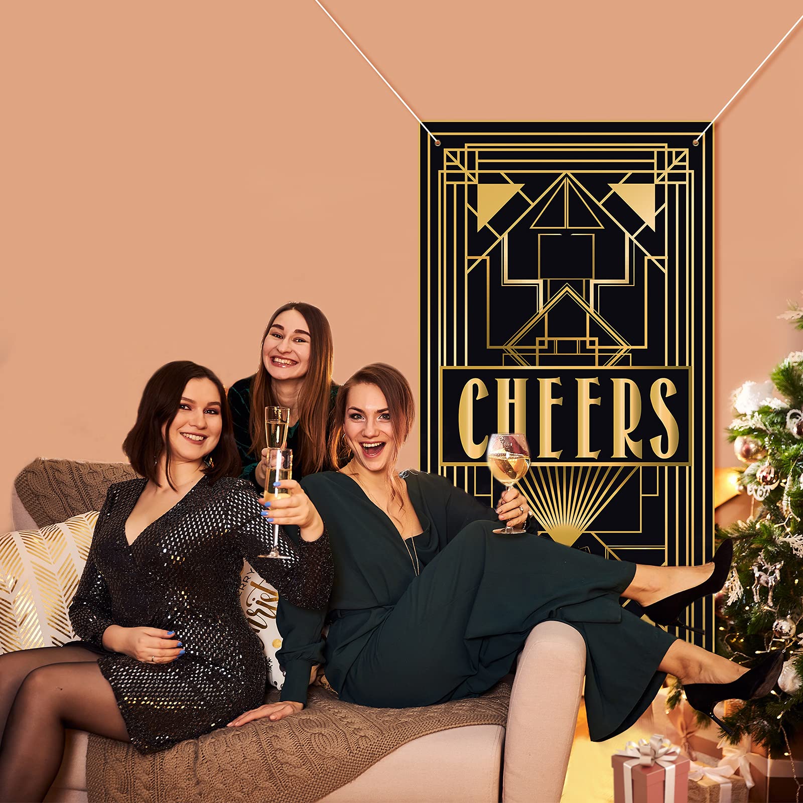 Lingxiu Cheers 20S Party Decorations,Roaring Door Cover Banner,Large Fabric Black And Gold Glitter Sign Photo Booth Backdrop Bac