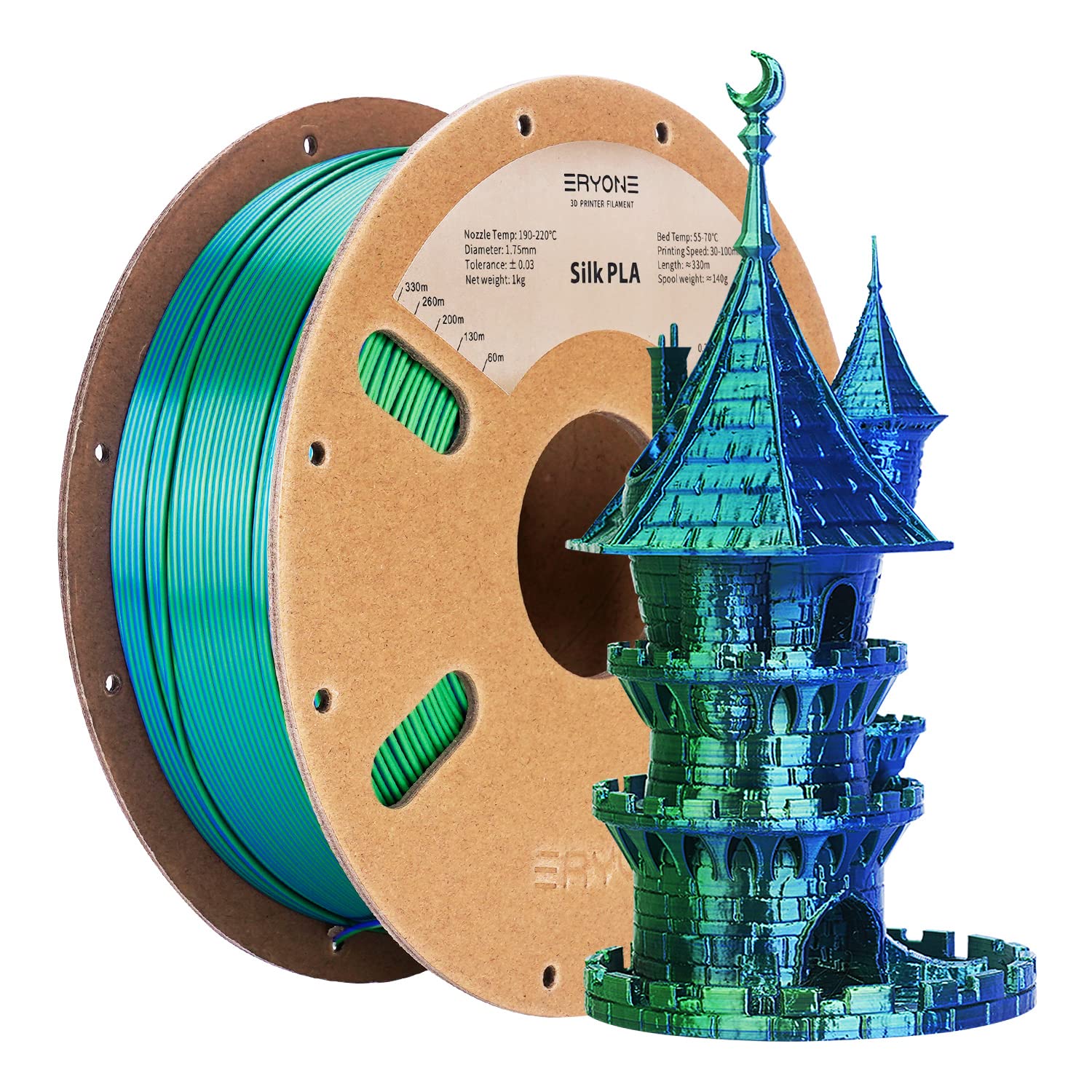 Eryone Silk Dual Color Filament Pla 3D Printer 1.75Mm +/  0.03Mm, Coextrusion Filament Pla Shiny Filament 1Kg(2.2Lbs), Blue Gree