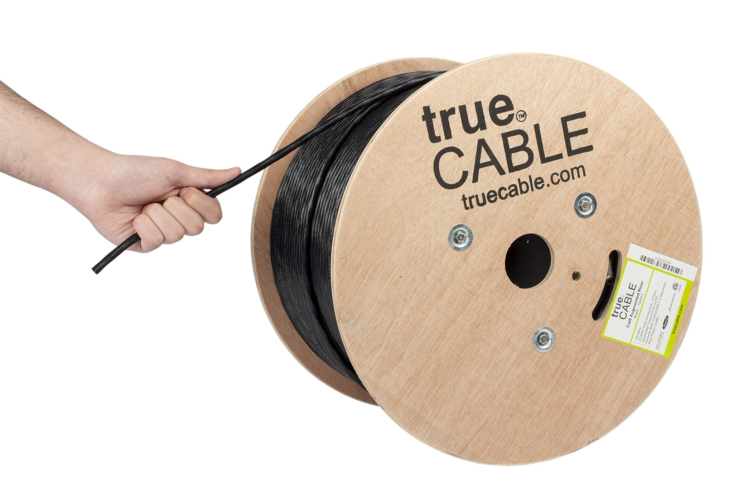 Truecable Cat6A Riser (Cmr), 1000Ft, Black, 23Awg 4 Pair Solid Bare Copper, 750Mhz, Poe++ (4Ppoe), Etl Listed, Unshielded Twisted Pair (Utp), Bulk Ethernet Cable