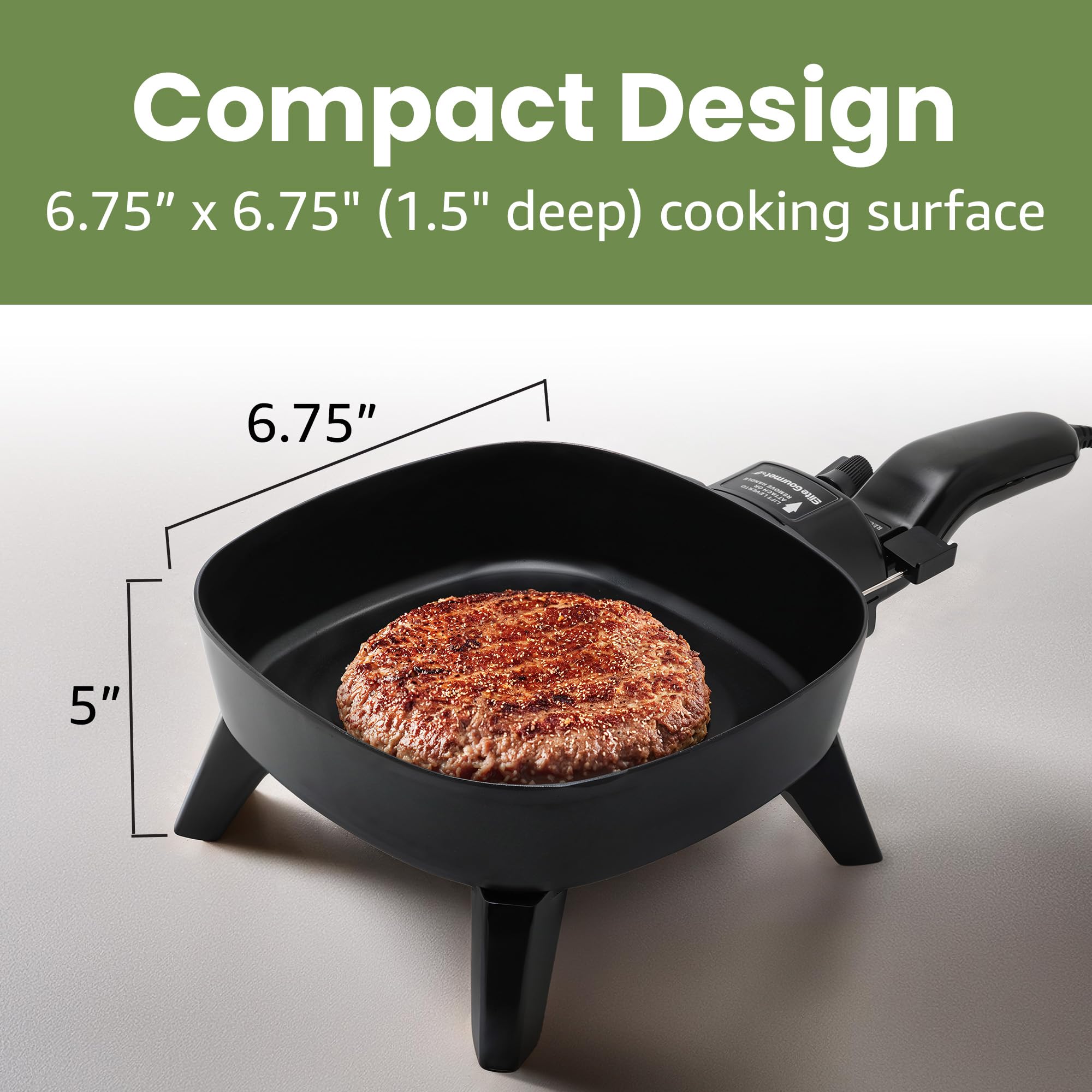 Elite Gourmet Efs 400 Personal Stir Fry Griddle Pan, Rapid Heat Up, 600 Watts Non Stick Electric Skillet With Tempered Glass Lid, Size 7' X 7'