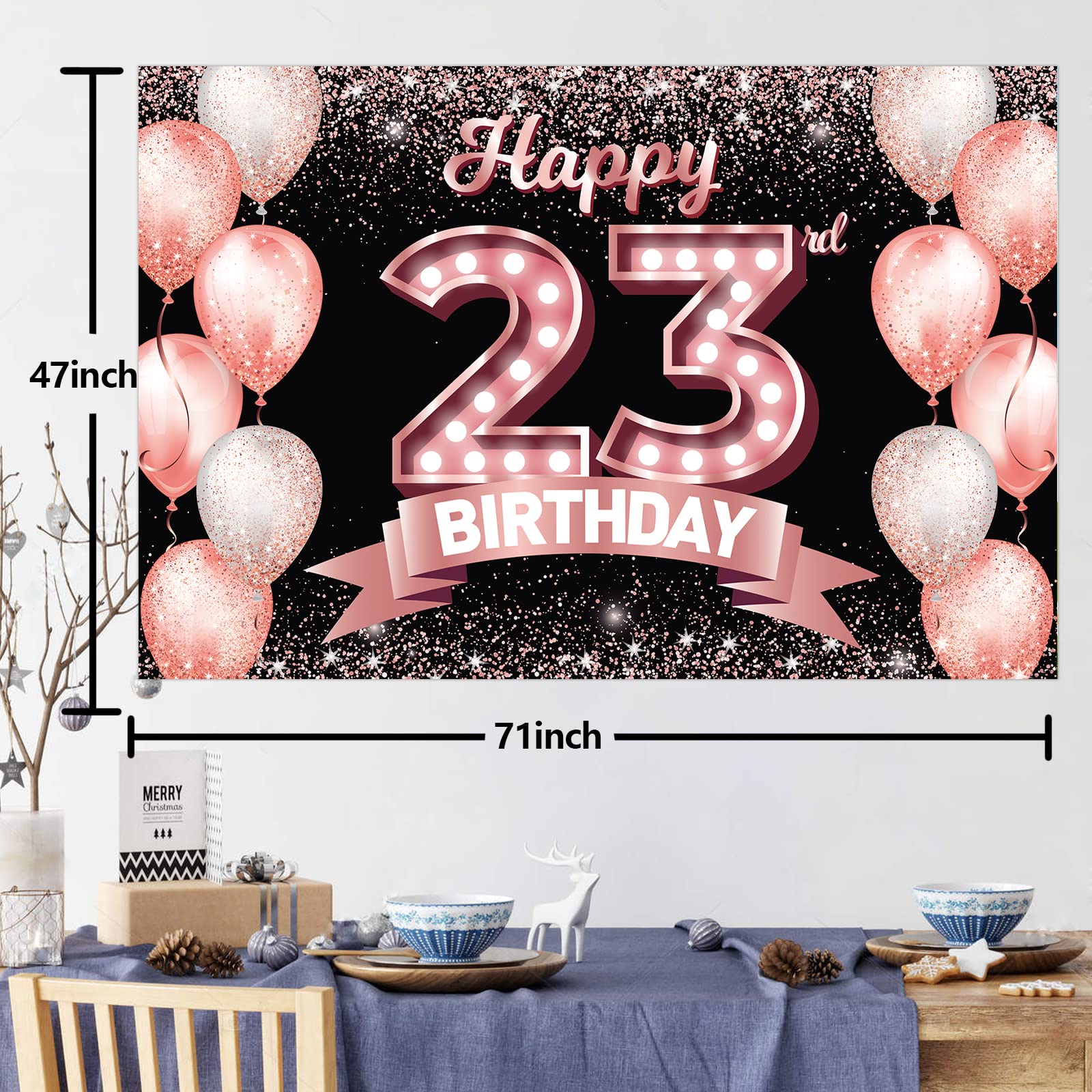 Happy 23Rd Birthday Rose Gold Banner Backdrop Cheers To 23 Years Old Confetti Balloons Theme Decor Decorations For Women 23 Year