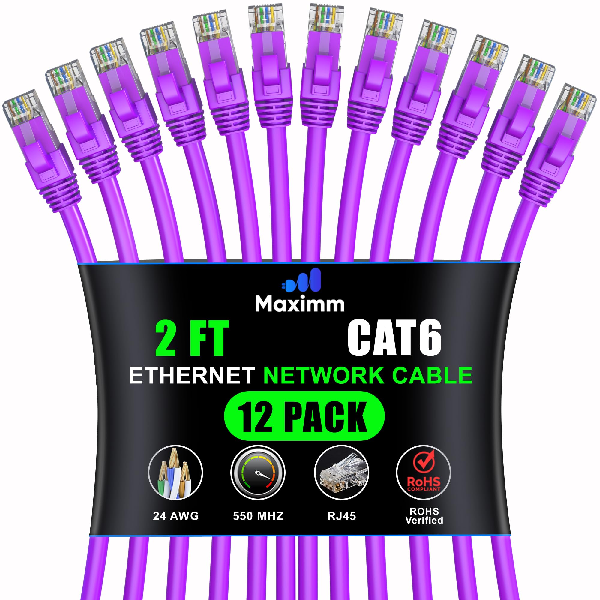 Maximm Cat 6 Ethernet Cable 2 Ft (12 Pack)   High Speed Lan Cable, Internet Cable, Patch Cable, And Network Cable   Utp, 10Gbps, 550Mhz Ethernet Cord   Purple