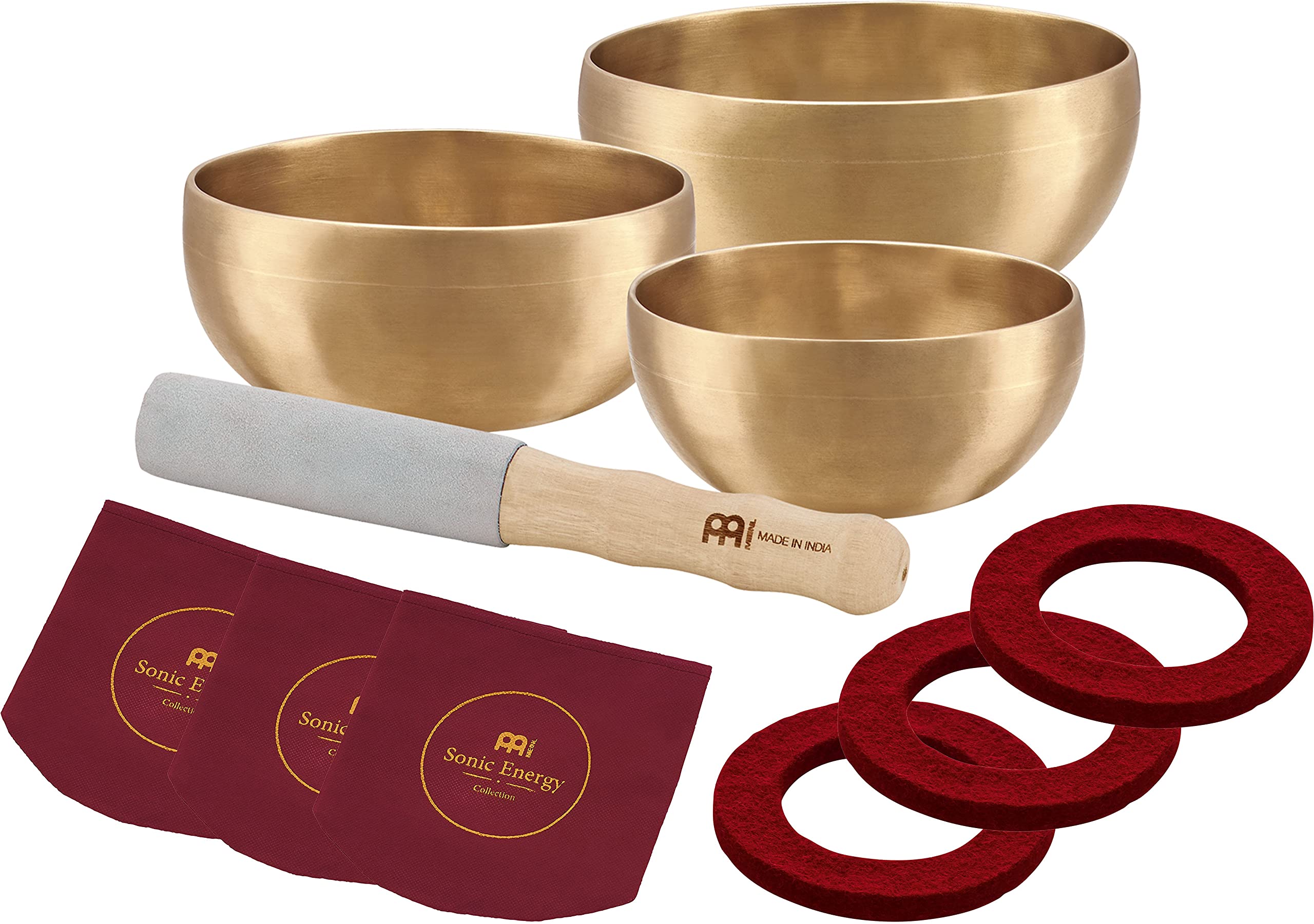 3 Piece Bronze Singing Bowl Set With Mallet, Felt Rings And Covers, Universal Series   Made In India   For Meditation, Yoga And