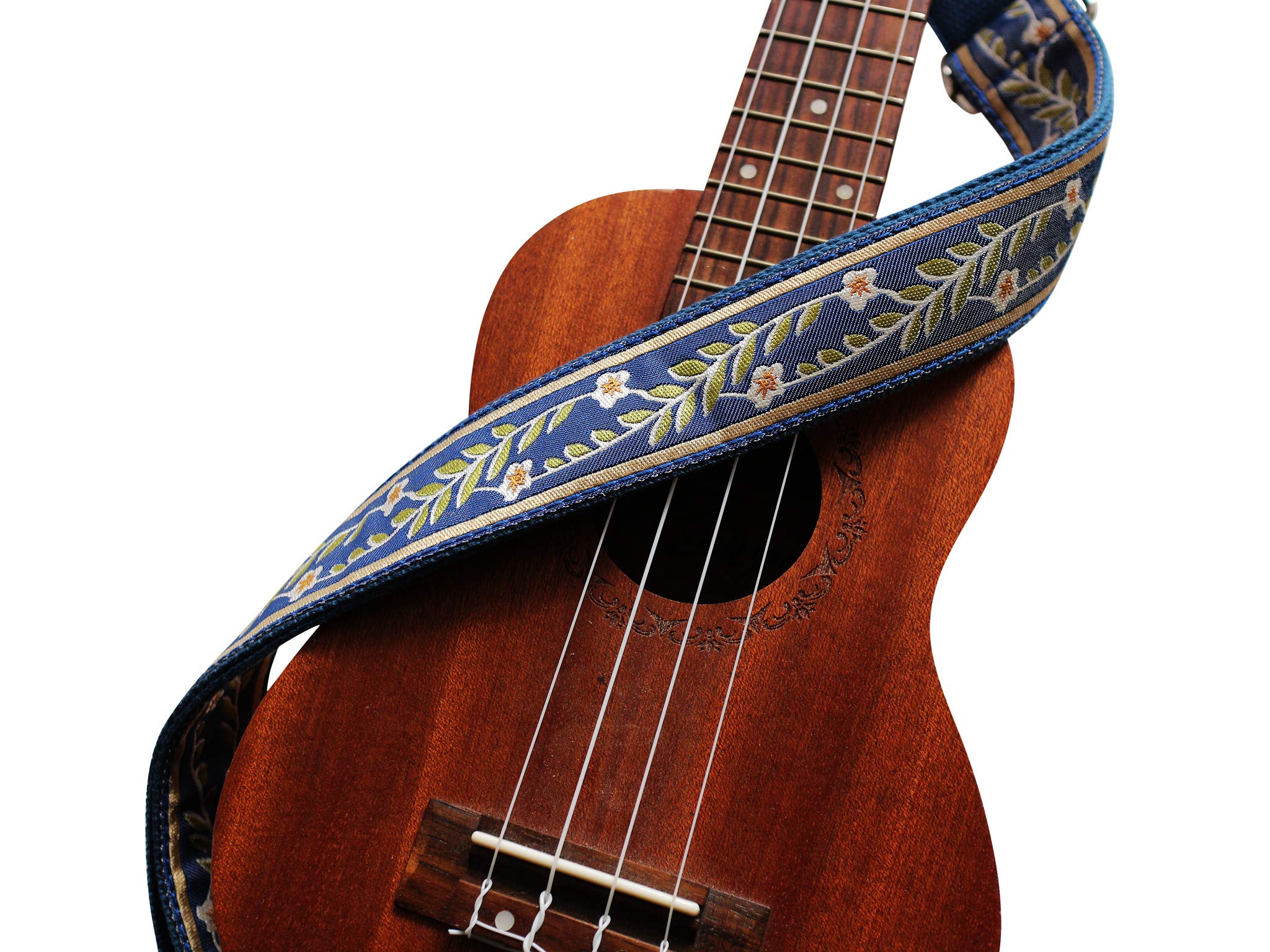 Music First Original Design Vintage Blue    Jasmine    Soft Meshbelt & Genuine Leather Ukulele Strap Ukulele Shoulder Strap With