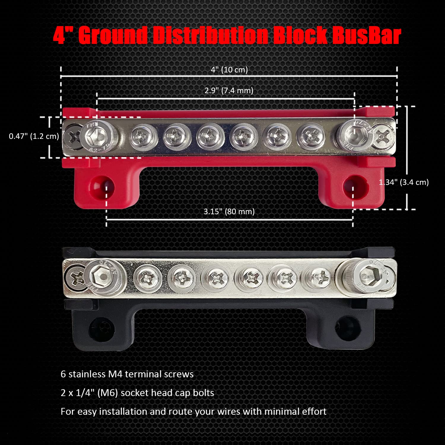 6 Terminals Bus Bar, Ampper 4'' Power/Ground Distribution Block Brass Battery Busbar Junction For Car Vehicle Rv Truck Marine Bo