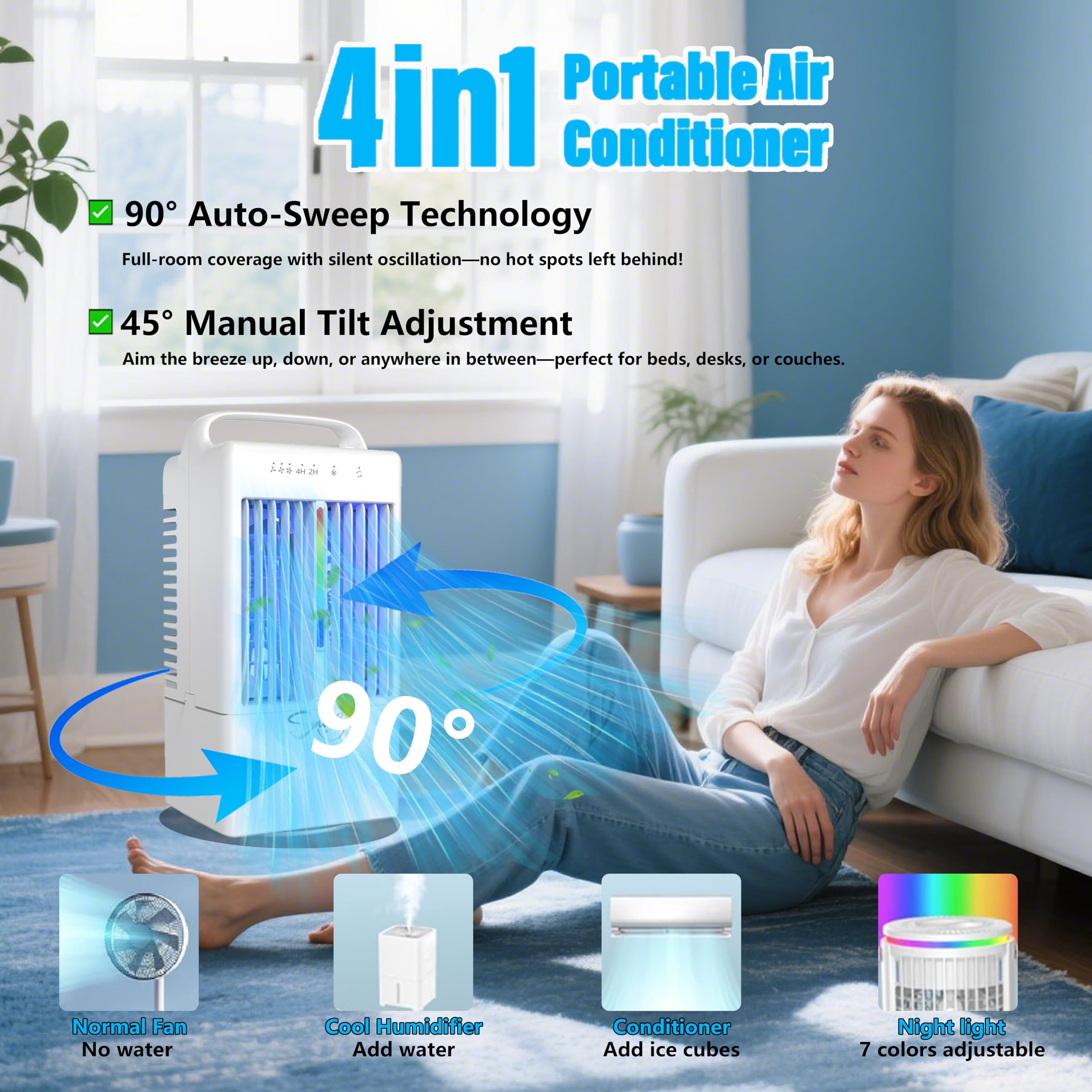 Portable Air Conditioners, Smlegft 90 Auto-Oscillating Evaporative Air Cooler With 3 Speeds & 2/4H Timer, 900Ml Large Tank & 7 C