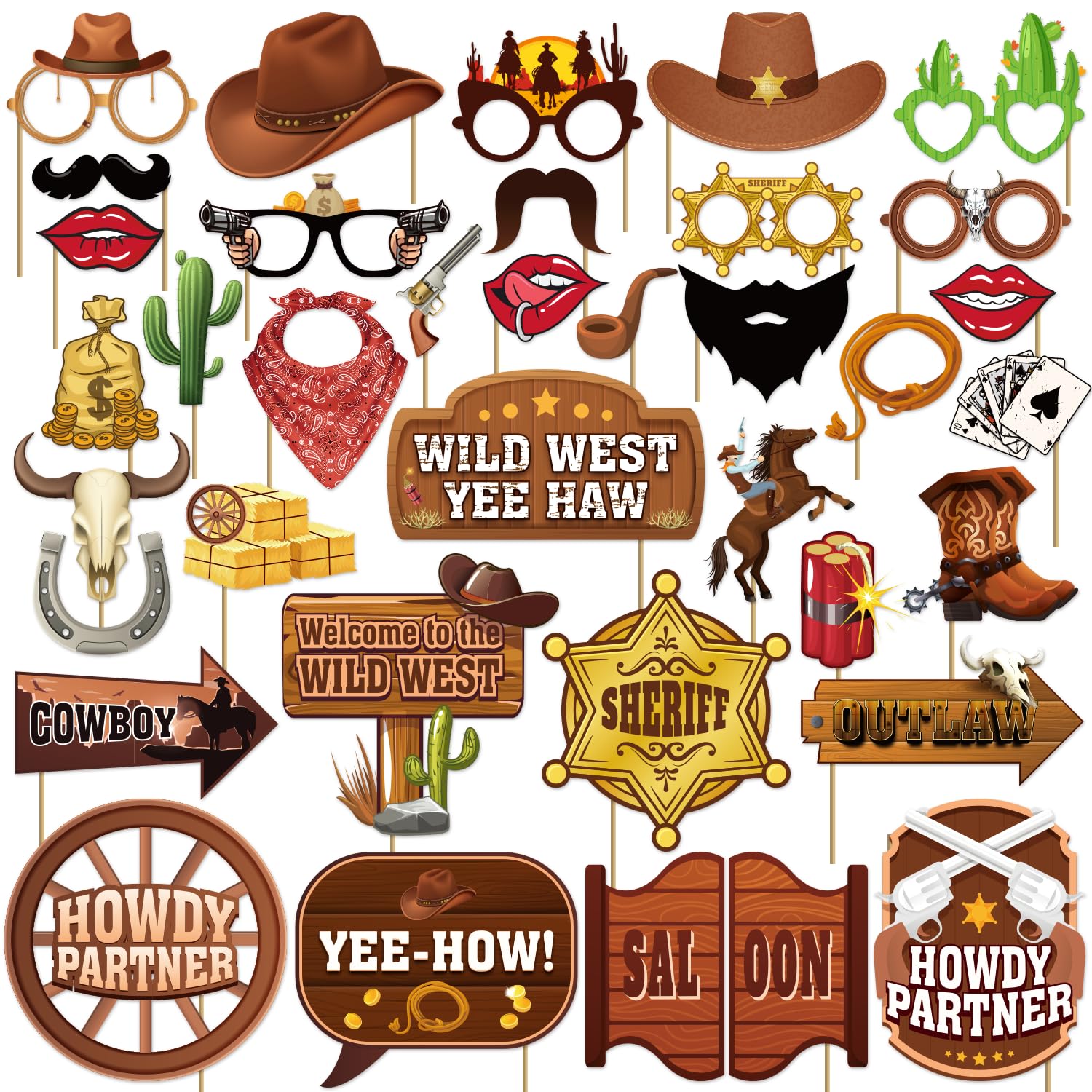 36Pcs Country Party Decorations Photo Booth Props, Western Photo Booth Props For Western Party Decorations, Wild West Cowboy Pho