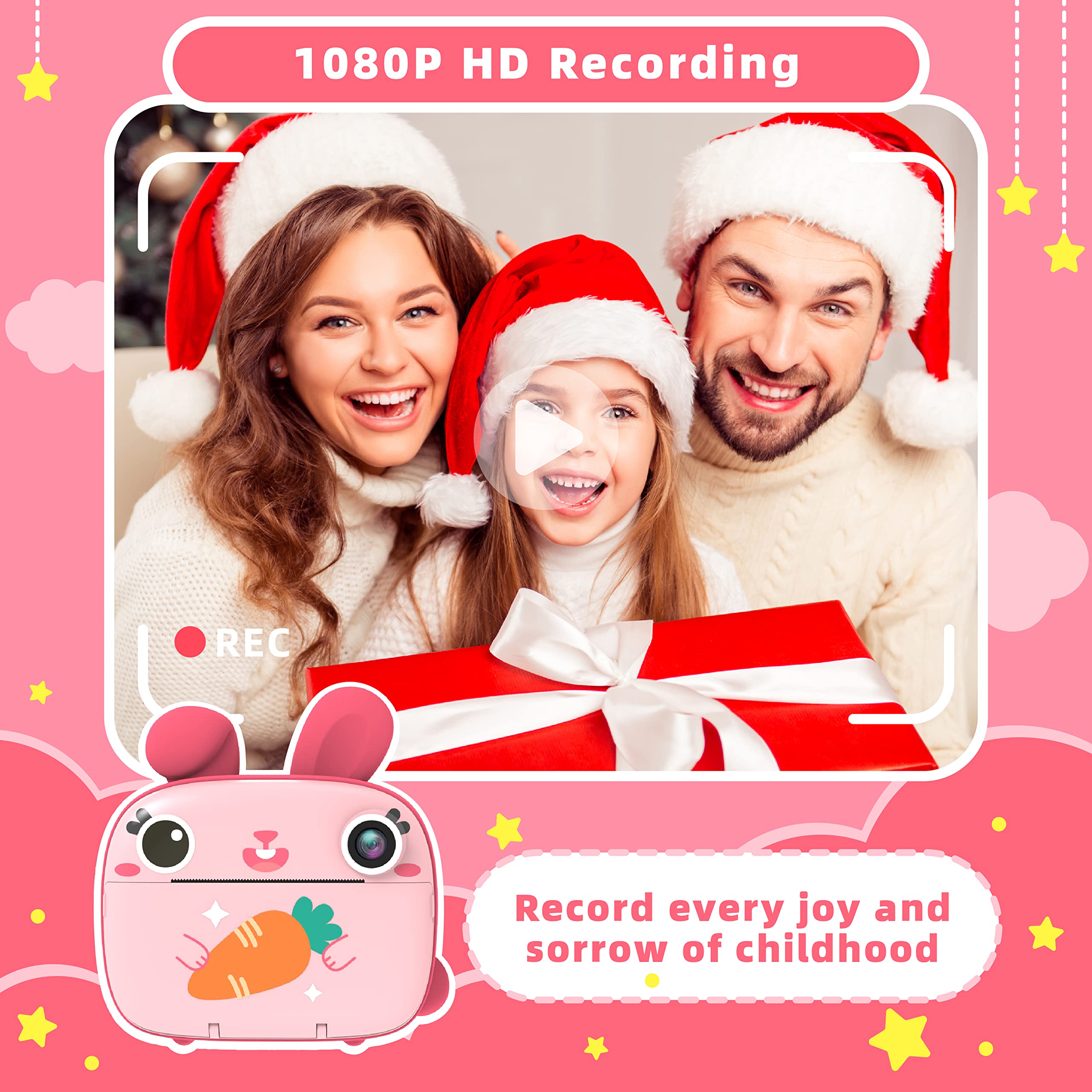 Camclid Instant Camera For Kids, 2.5K Kids Camera Instant Print With No Ink Print Paper & 32G Card,Selfie Digital Camera & 1080P