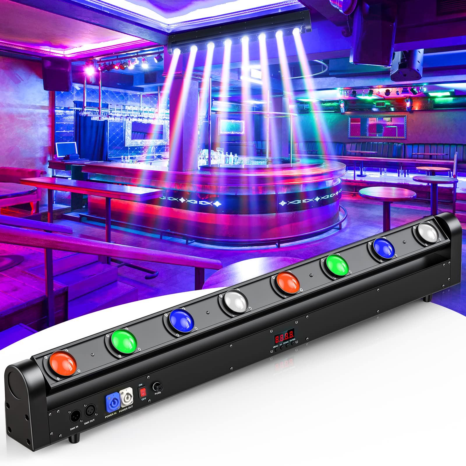 8 Eye LED Beam Wall Washer Lights,120W RGBW 4IN1 Strobe Moving Head DJ Light Bar 180  Tilt DMX and Sound Control Stage Lighting 
