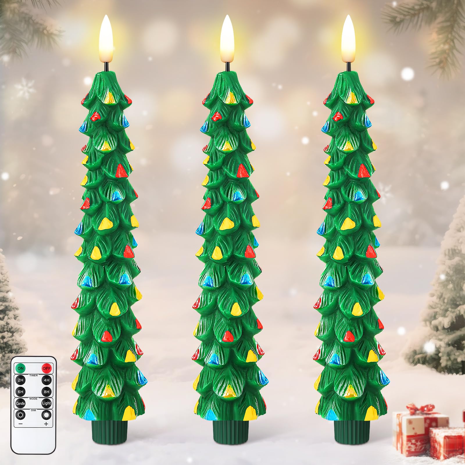 Enhon 3 Pcs Christmas Tree Flameless Taper Candles Battery Operated with Remote and Timer, Real Wax LED Candles, Warm 3D Wick Fl