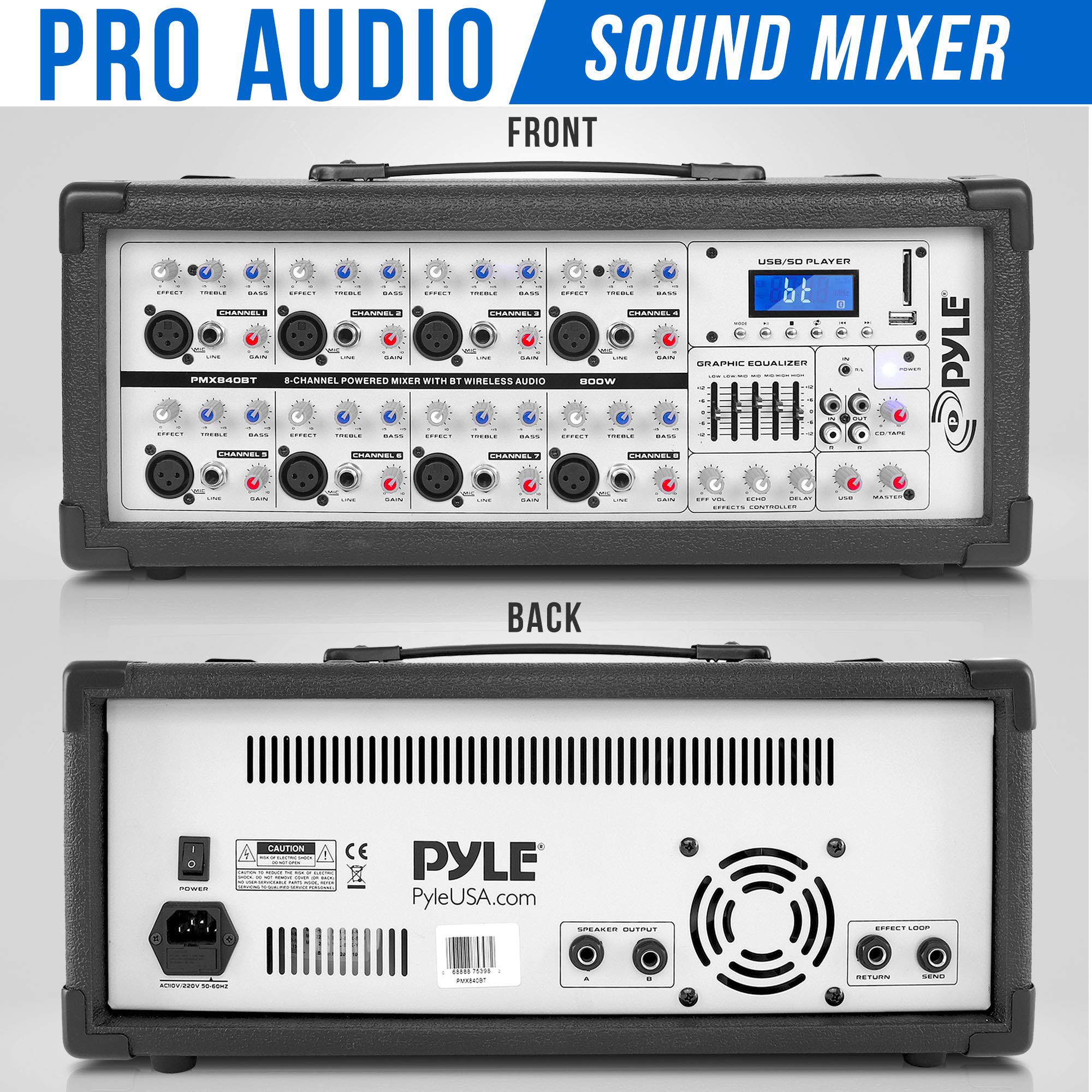 8 Ch. Bluetooth Stage Powered Mixer   800W Pro Audio Sound Mixer, Mp3/Usb/Sd Readers, Aux(3.5Mm) Input, Rca & 1/4'' Effects Loop